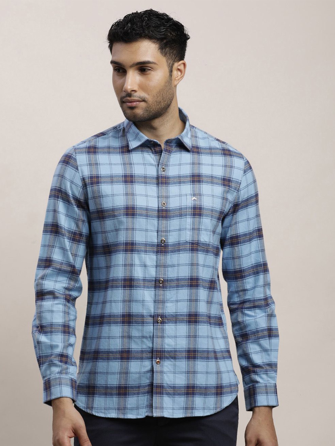 

Turtle Men Relaxed Spread Collar Tartan Checked Cotton Slim Fit Casual Shirt, Blue