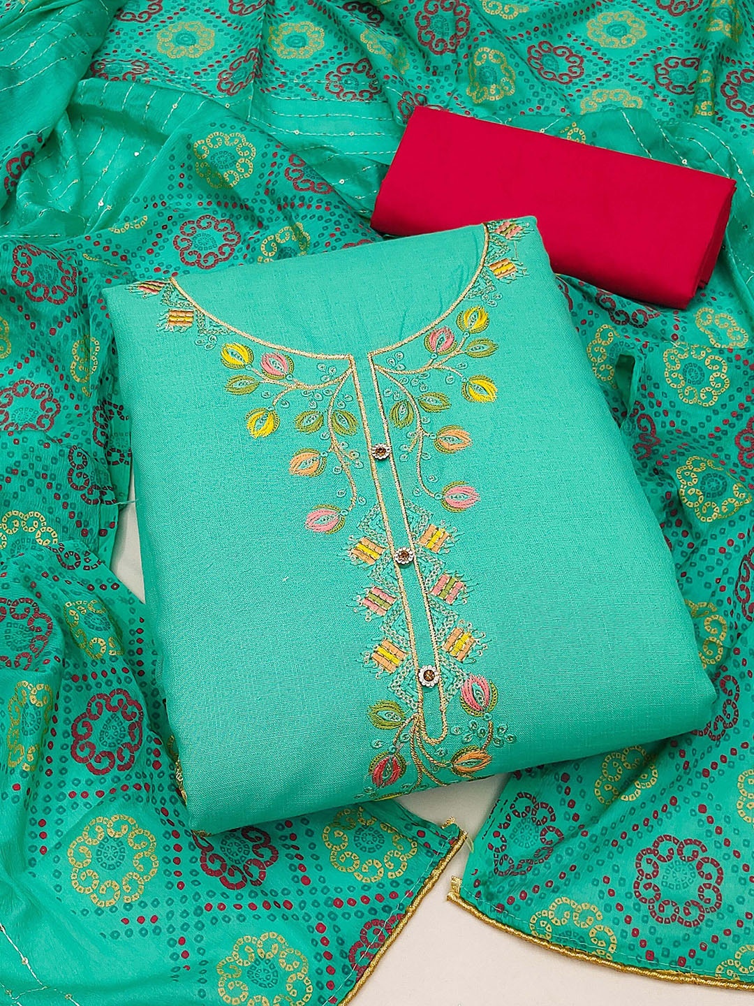 

Ishin Embroidered Pure Cotton Unstitched Dress Material, Sea green