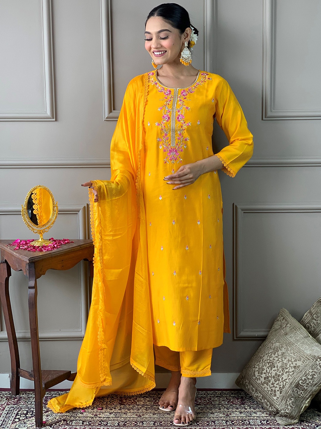 

KALINI Floral Embroidered Chanderi Silk Kurta with Trousers & Dupatta, Yellow