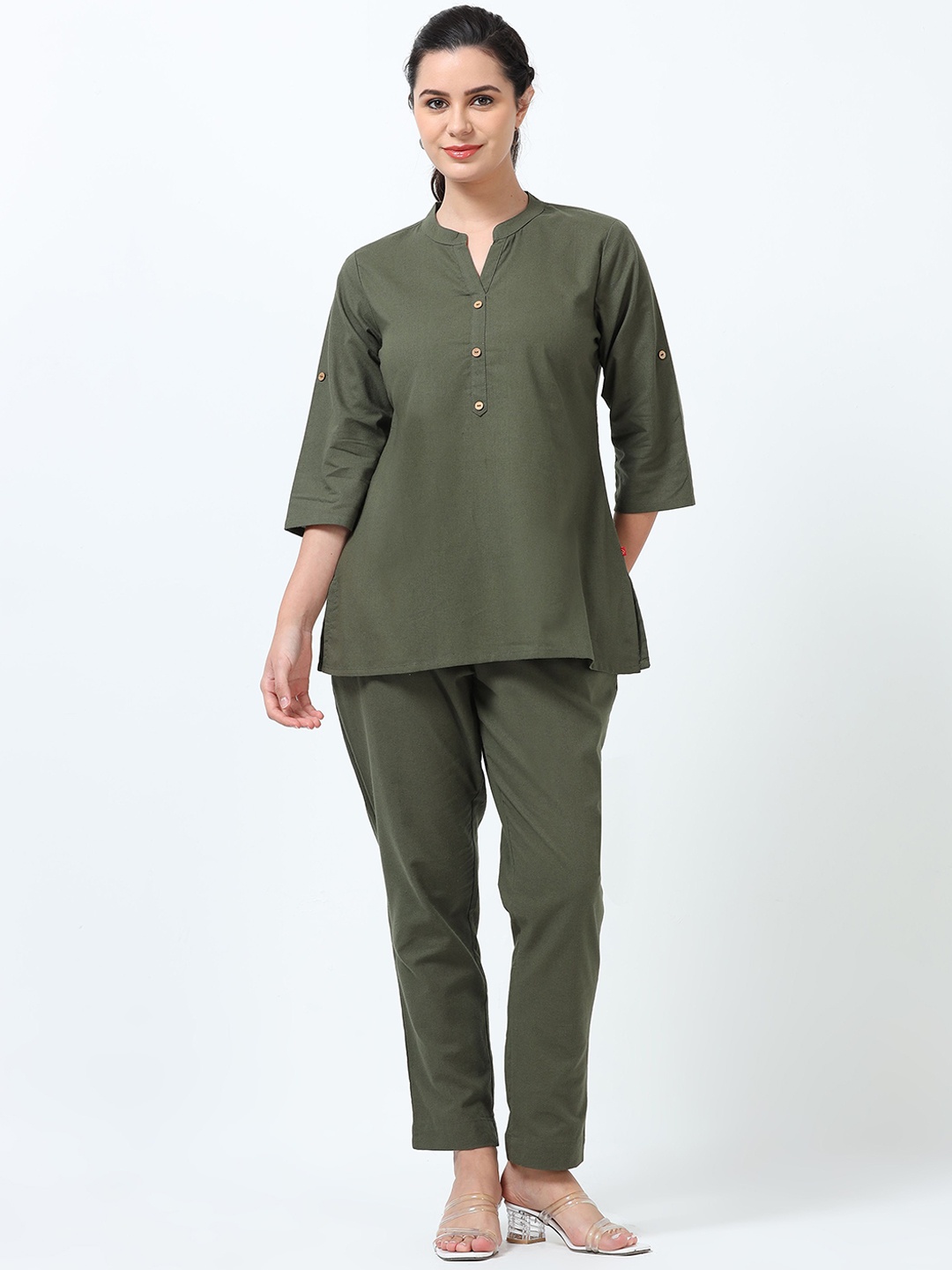 

Marcia Mandarin Collar Pure Cotton Tunic With Trousers, Olive