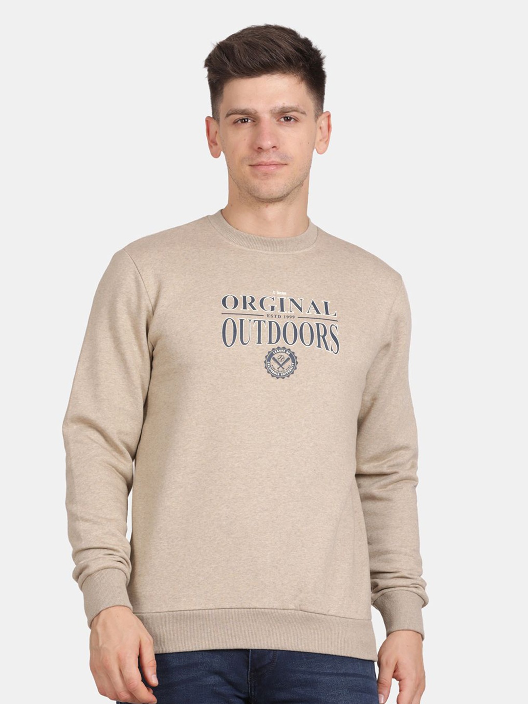 

t-base Men Typography Printed Sweatshirt, Beige