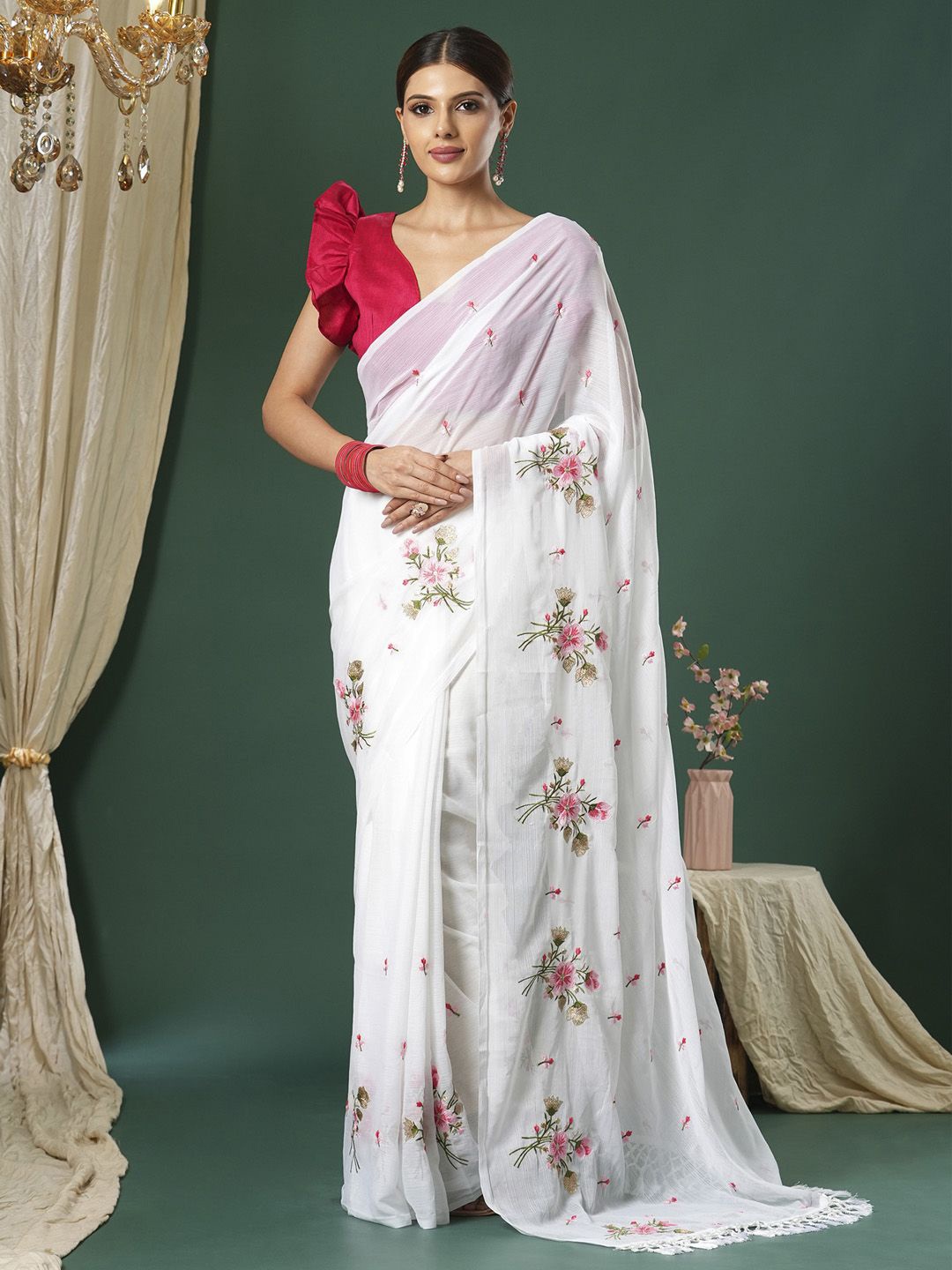 

KALINI Floral Embroidered Saree, White