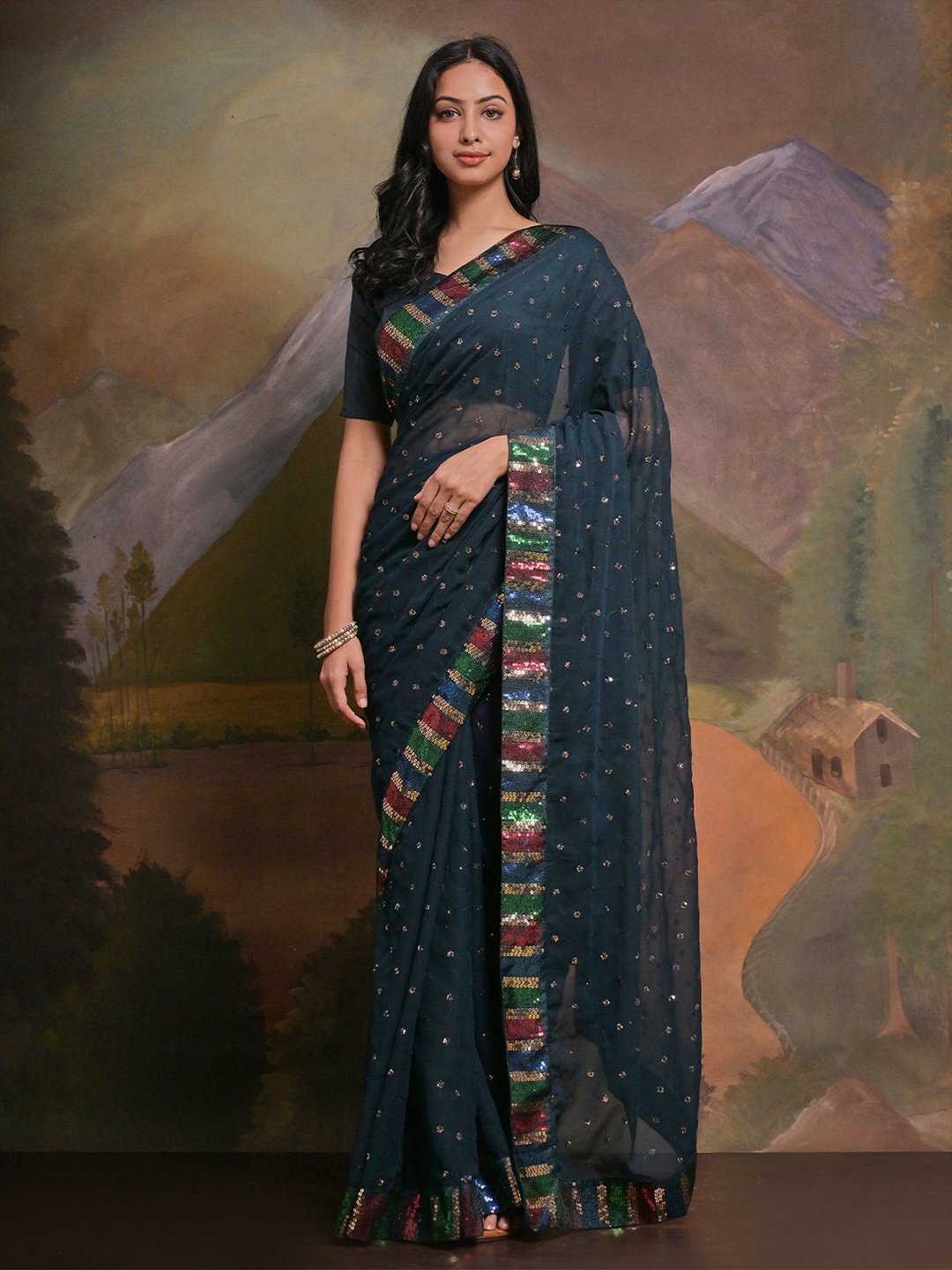 

ODETTE Sequinned Embellished Saree, Navy blue