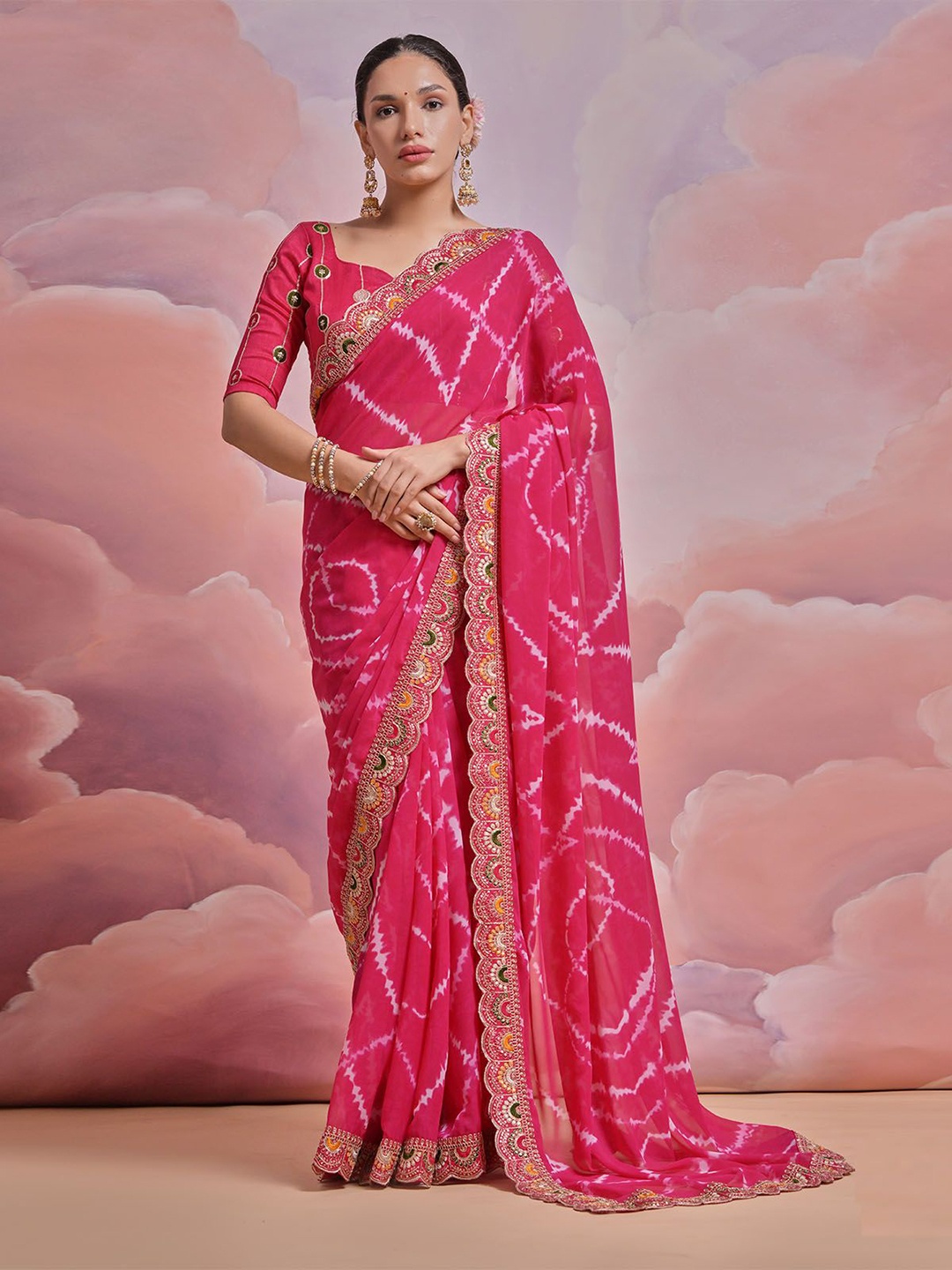 

ODETTE Embroidered Sequinned Bandhni Saree, Pink