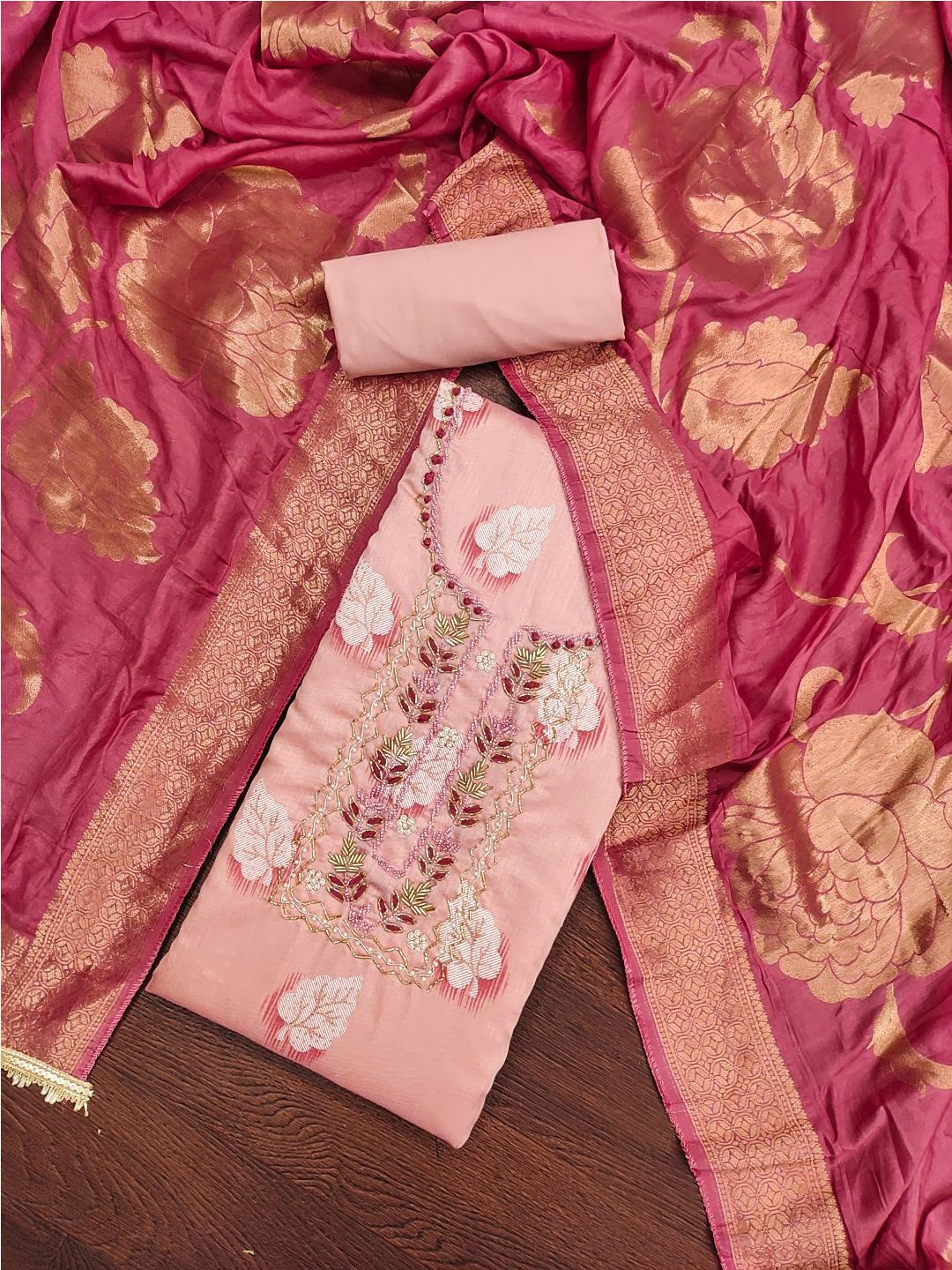 

Lilots Embroidered Beads and Stones Unstitched Dress Material, Peach