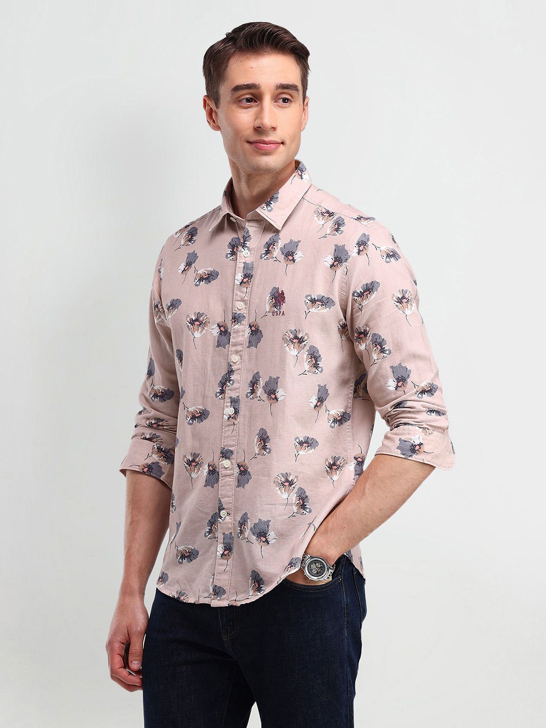 

U.S. Polo Assn. Men Modern Spread Collar Floral Printed Cotton Slim Fit Casual Shirt, Pink