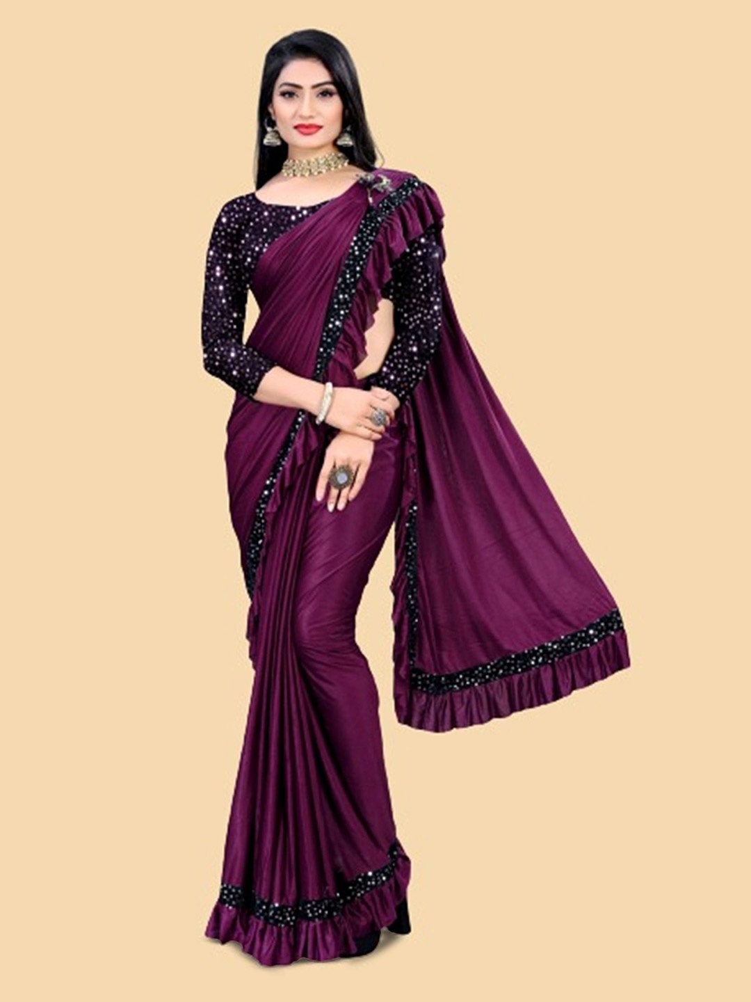 

Aika Sequinned Ruffles Saree, Burgundy