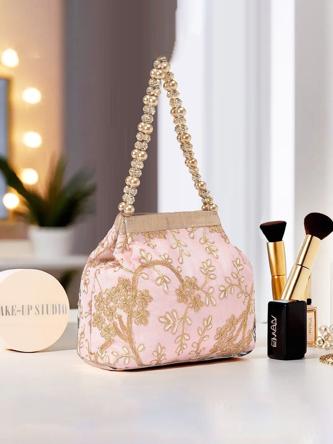 

Kuber Industries Floral Embroidered Potli Clutch, Peach