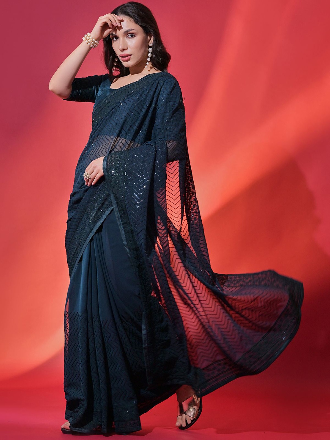 

ODETTE Sequinned Embellished Saree, Blue