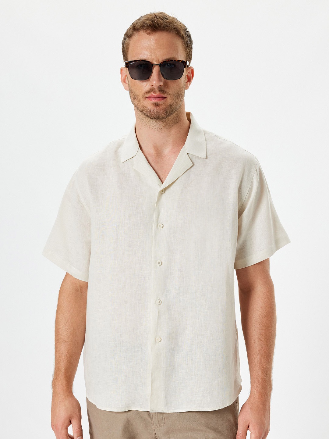 

Koton Men Cuban Collar Solid Linen Casual Shirt, Beige