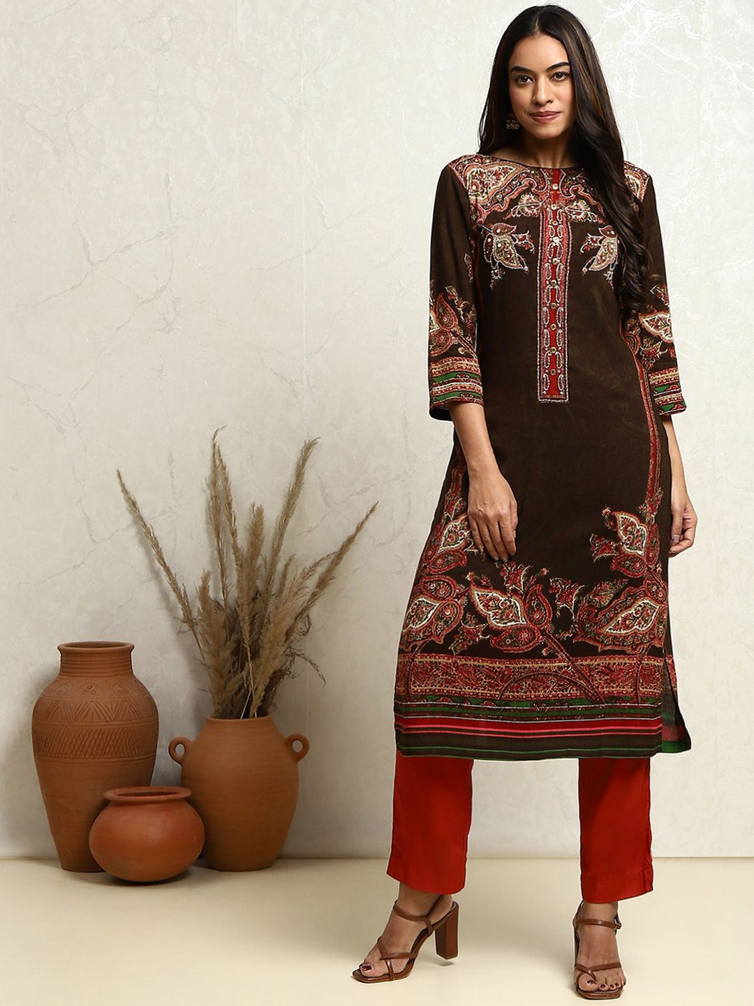 

Biba Floral Printed Round Neck Straight Kurta, Brown