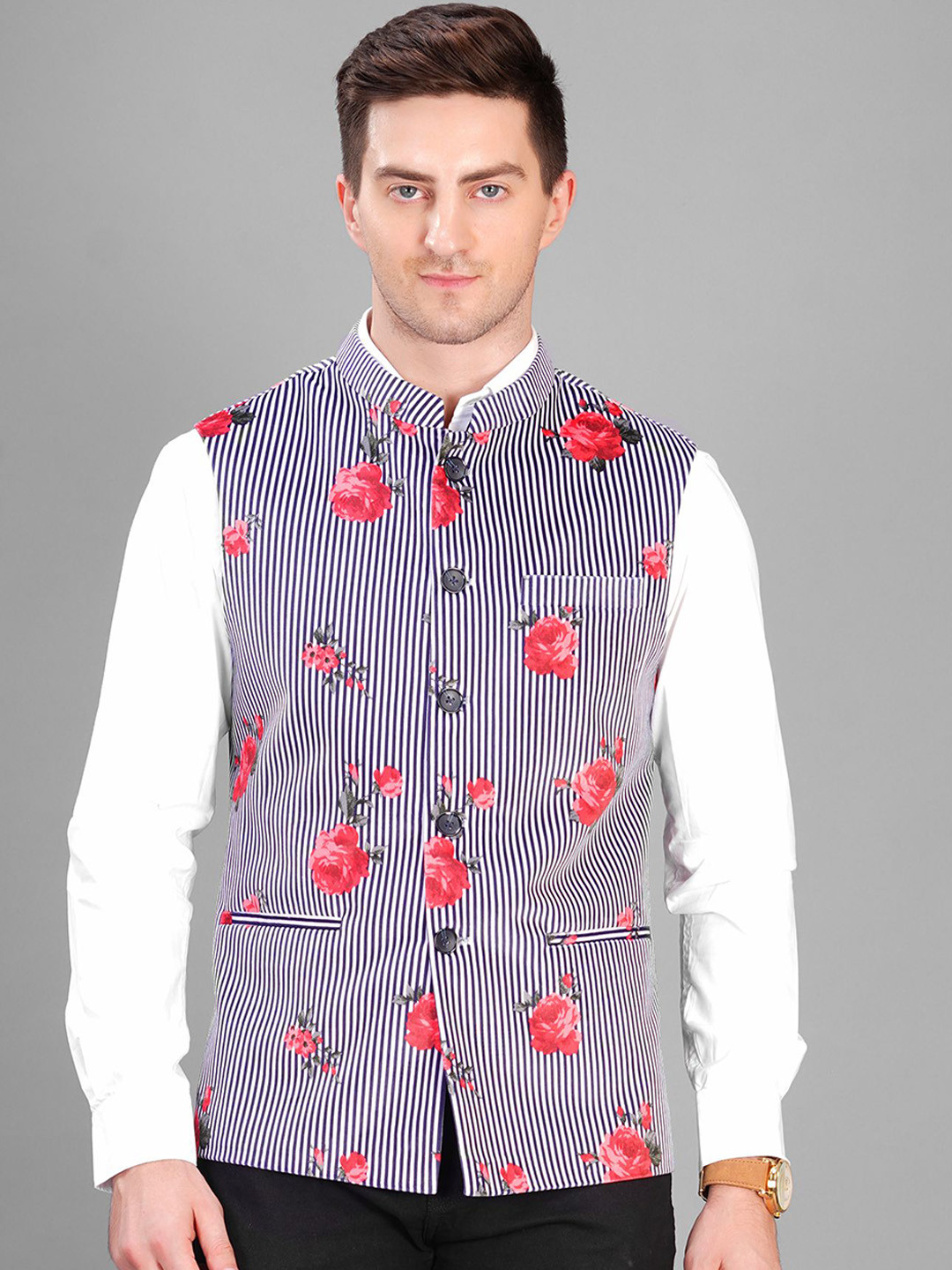 

LA'SCOOT Floral Printed Mandarin Collar Nehru Jacket, Blue