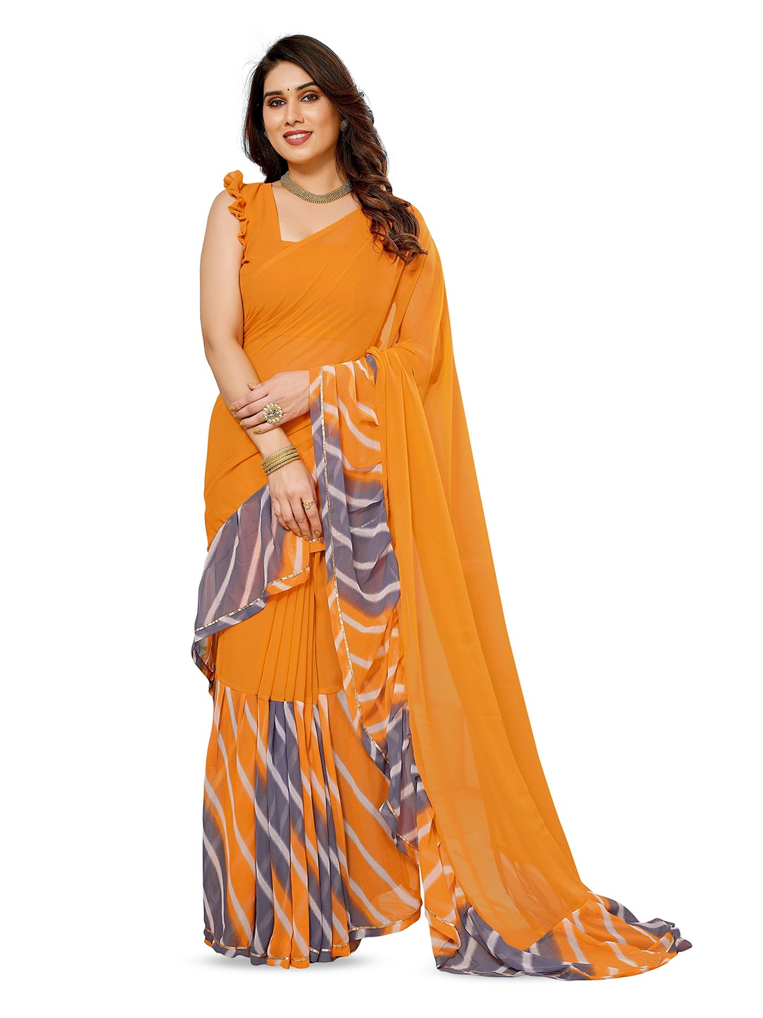 

Reeta Fashion Ruffled Printed Bordered Saree, Mustard