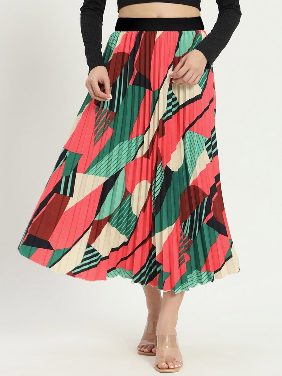 

Femvy Printed Flared Midi Skirt, Green