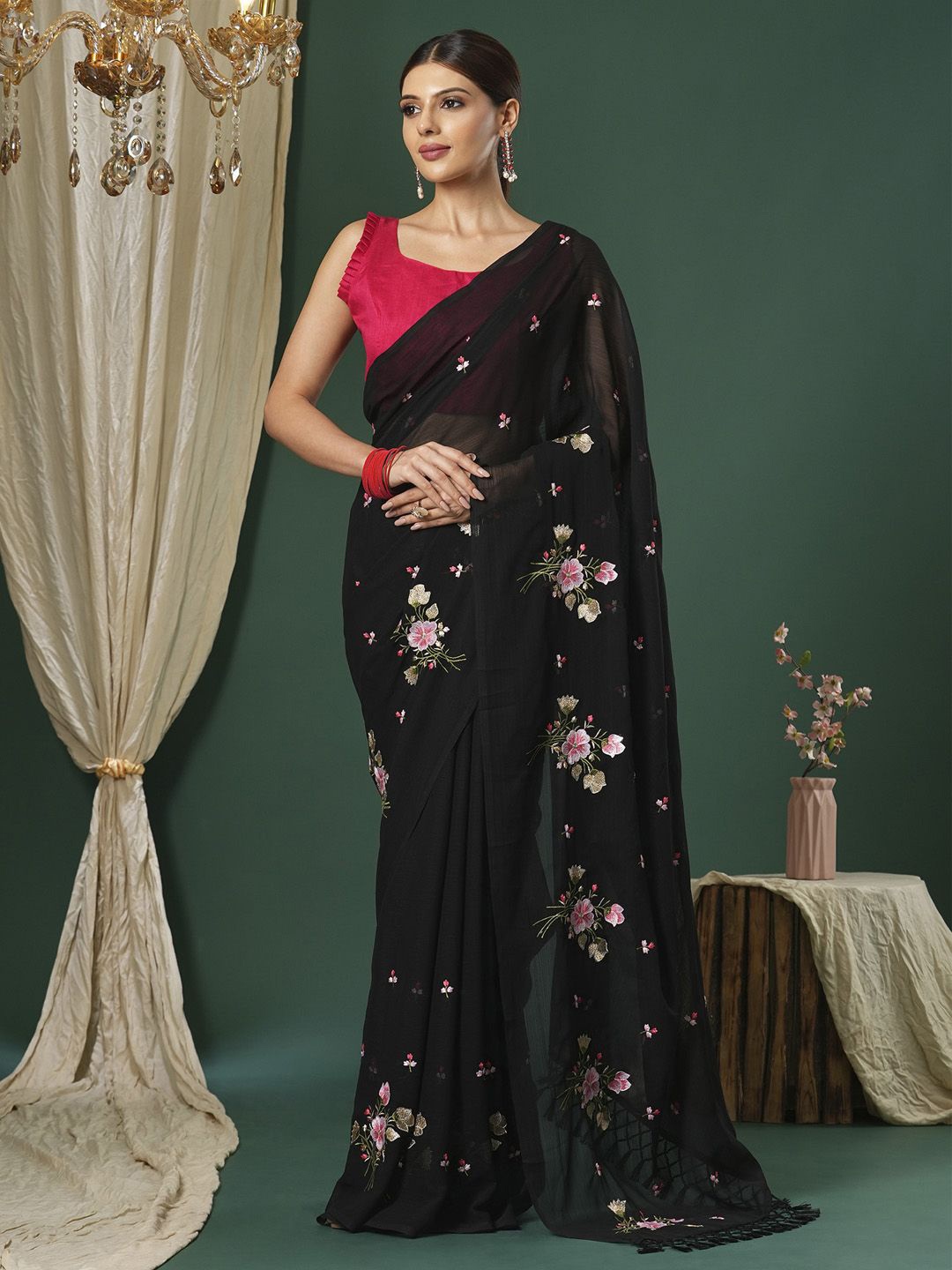 

KALINI Floral Embroidered Saree, Black