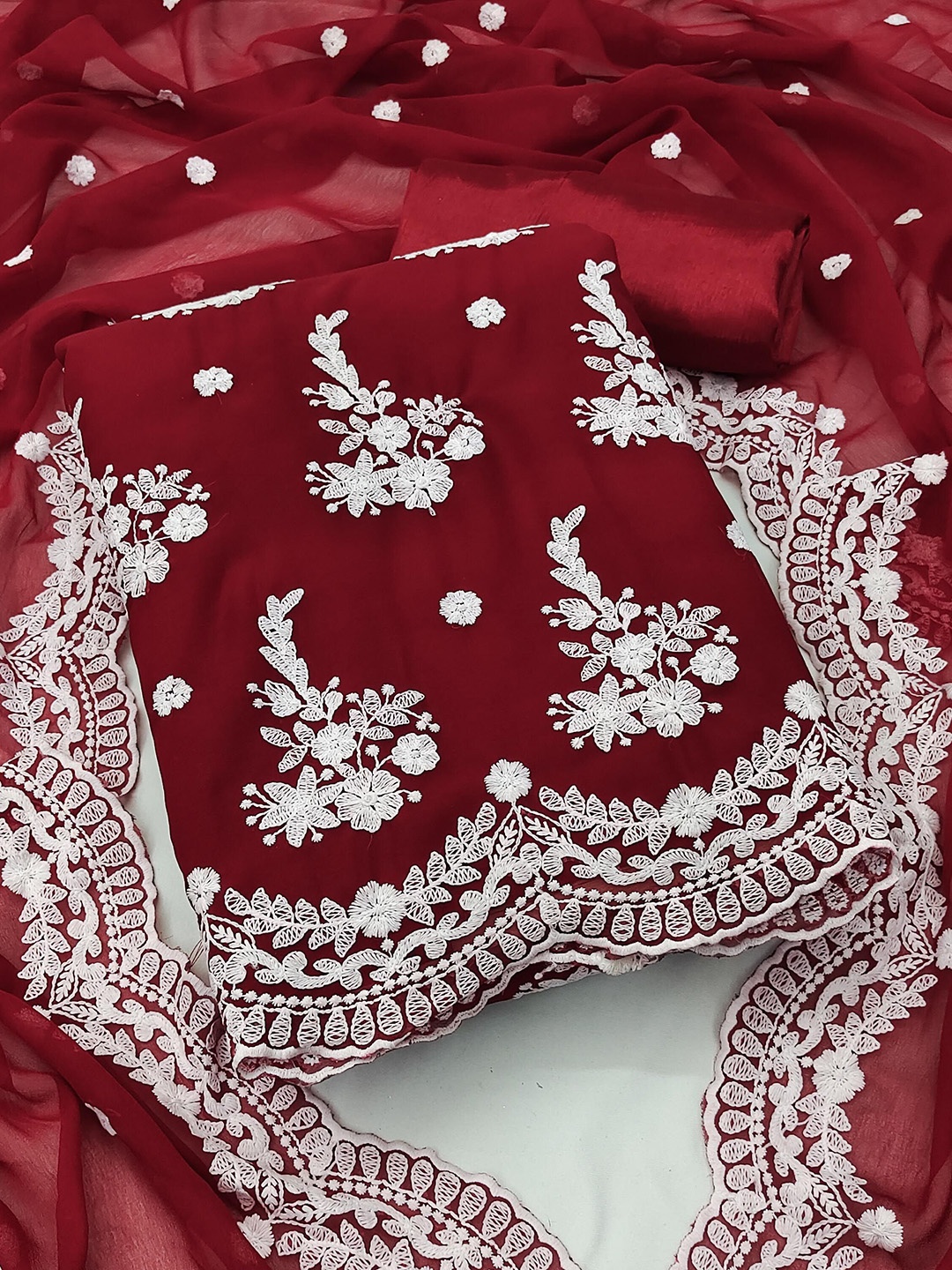 

Ishin Floral Embroidered Silk Georgette Unstitched Dress Material, Red