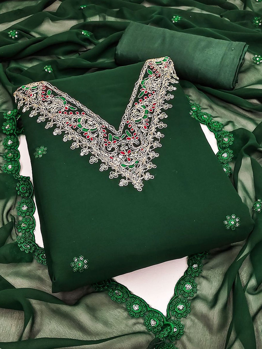

APNISHA Floral Embellished Silk Georgette Unstitched Dress Material, Green