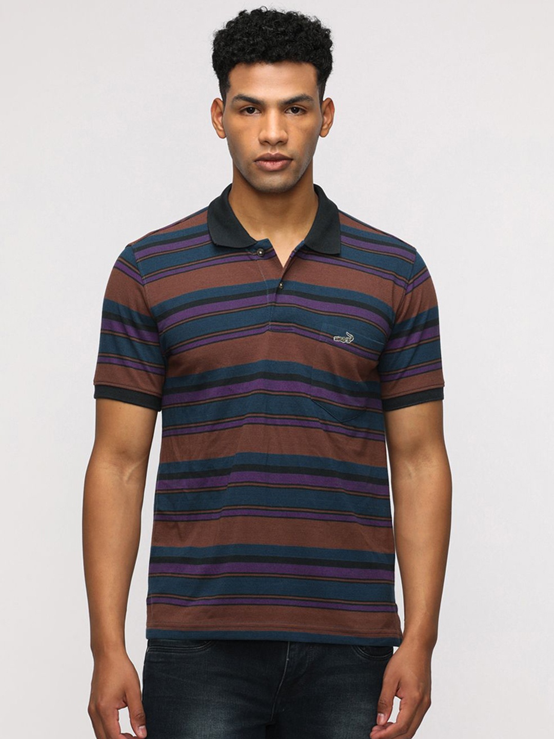 

Crocodile Men Striped Polo Collar Cotton Slim Fit T-Shirt, Brown