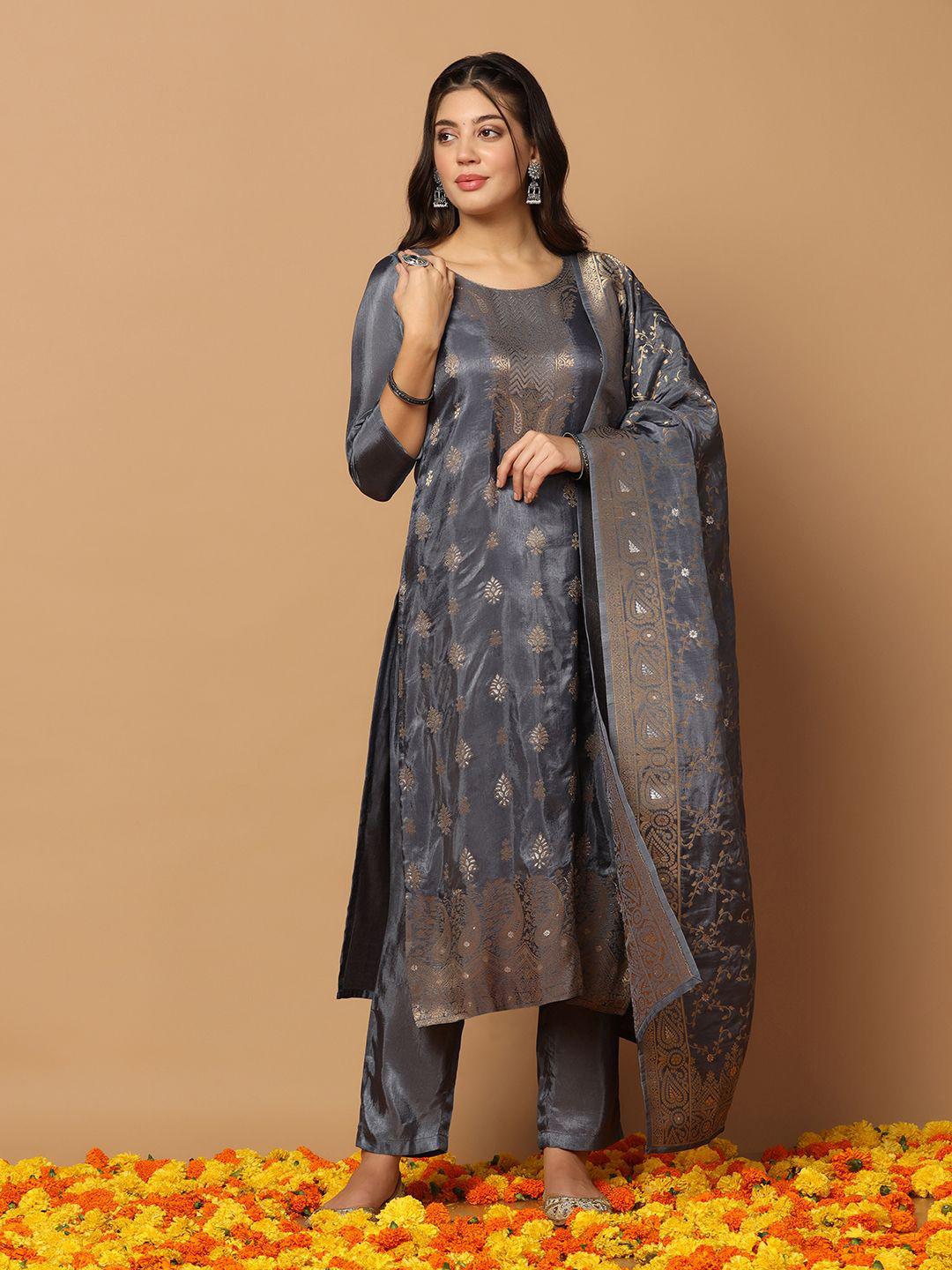 

BAESD Floral Woven Design Kurta With Trousers & Dupatta, Grey