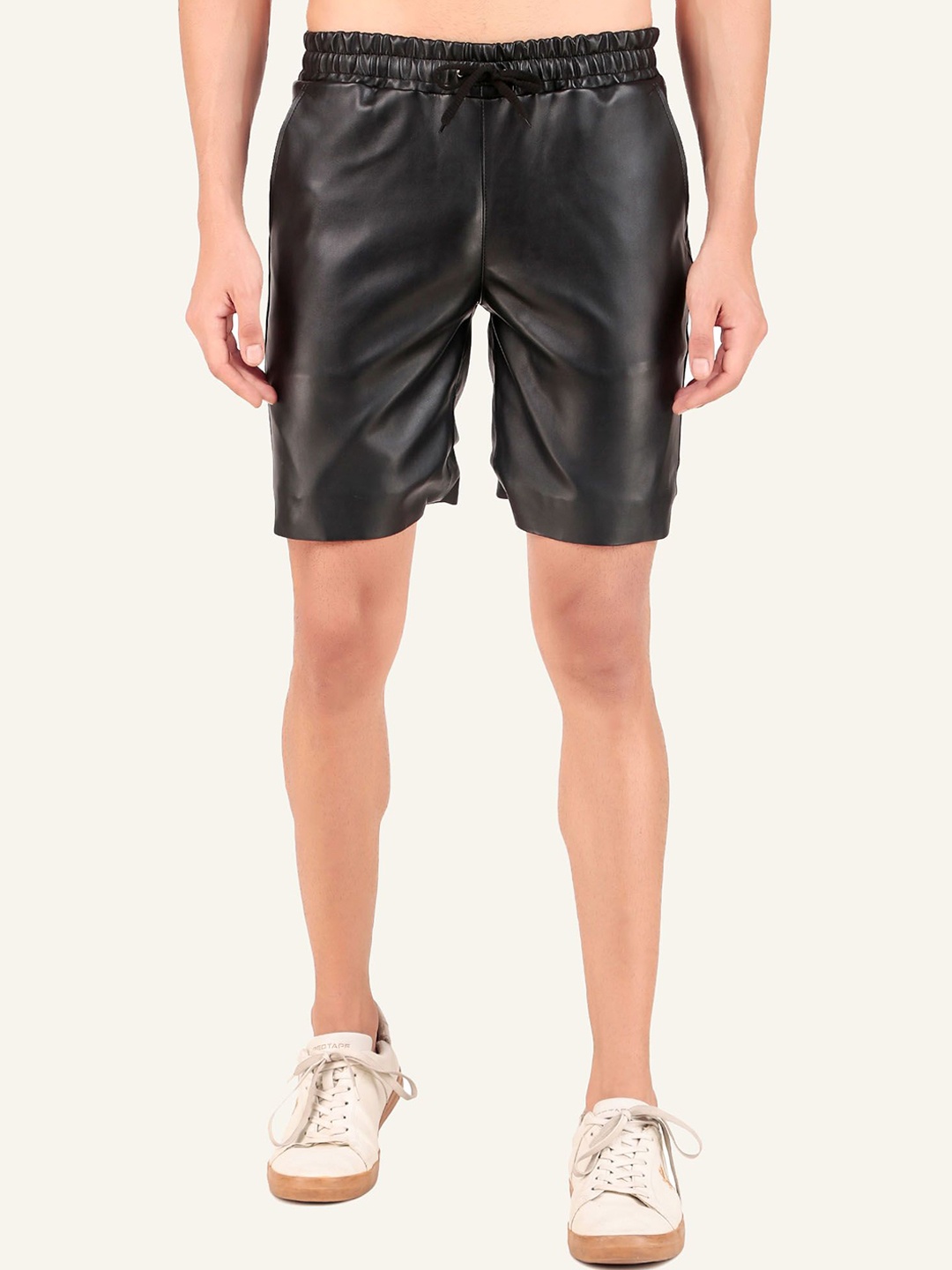 

Leather Retail Men Polyester PU Coated Mid-Rise Shorts, Black