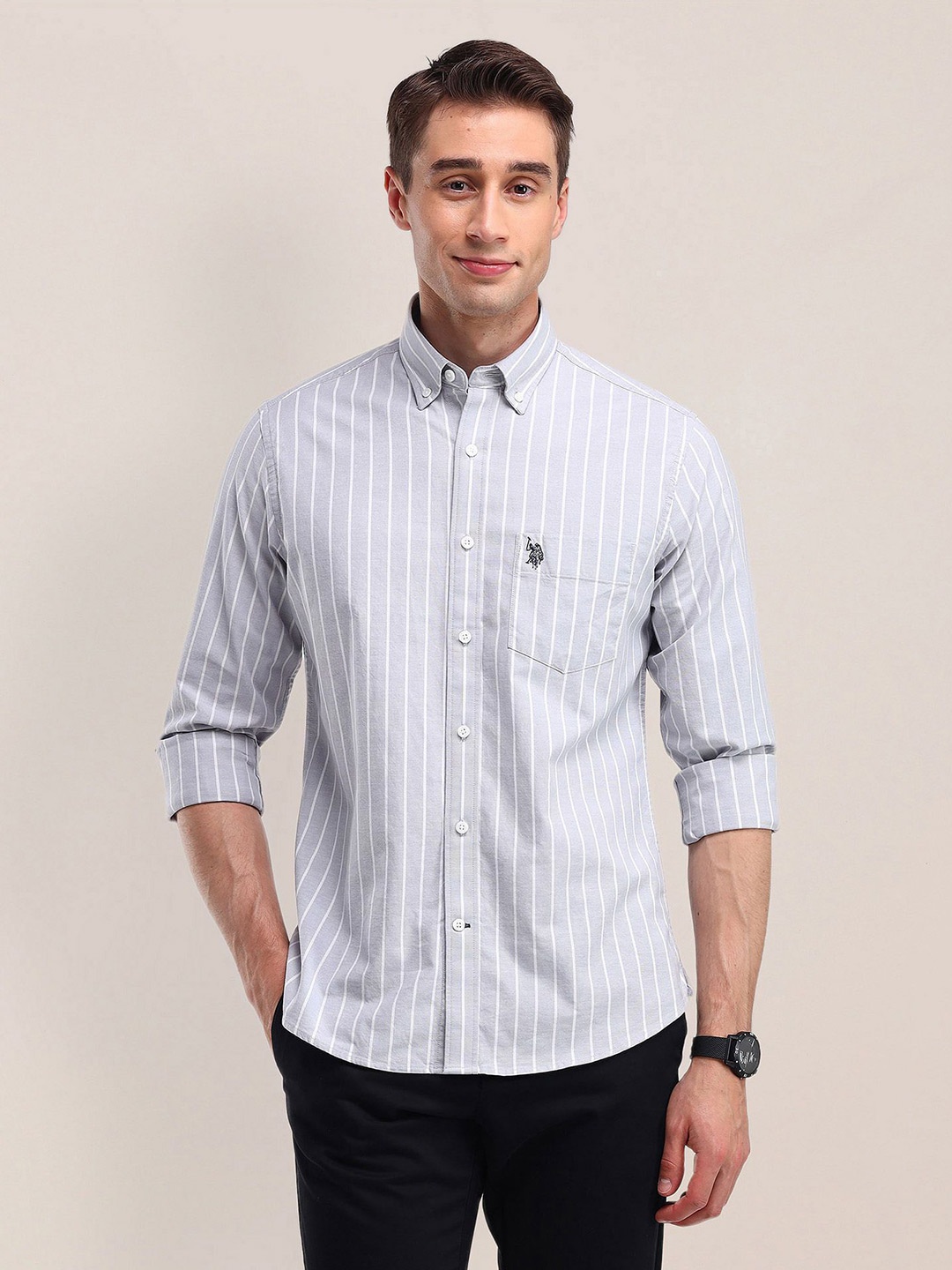 

U.S. Polo Assn. Men Modern Button-Down Collar Striped Cotton Slim Fit Casual Shirt, Grey