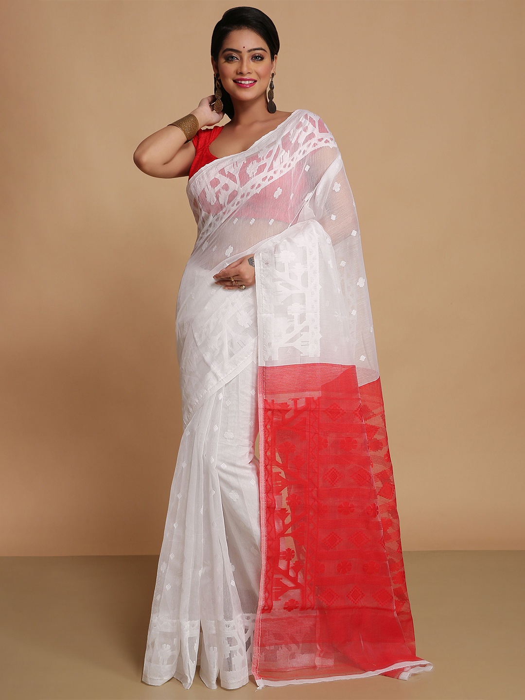 

BENGAL HANDLOOM Woven Design Art Silk Taant Saree, White