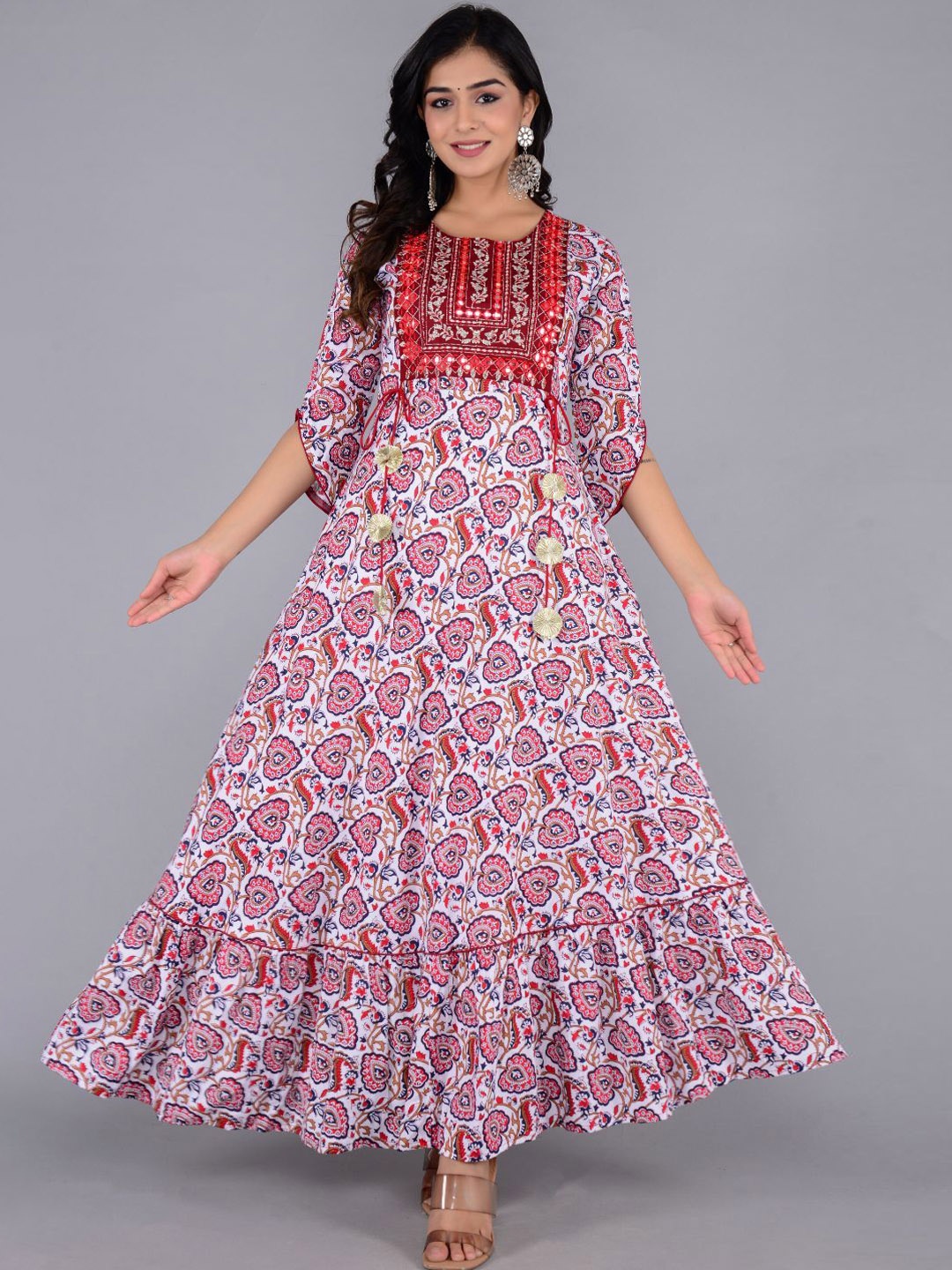 

Jaipurite Floral Embroidered Mirror Work Maxi Ethnic Dress, White