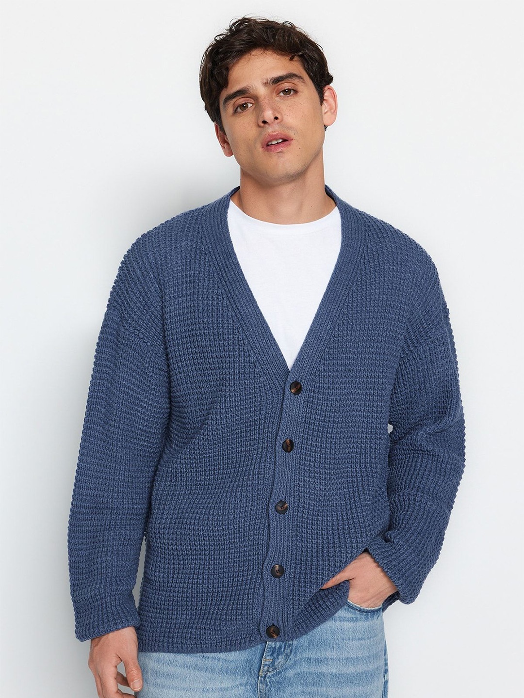 

Trendyol Men Ribbed Cardigan, Blue