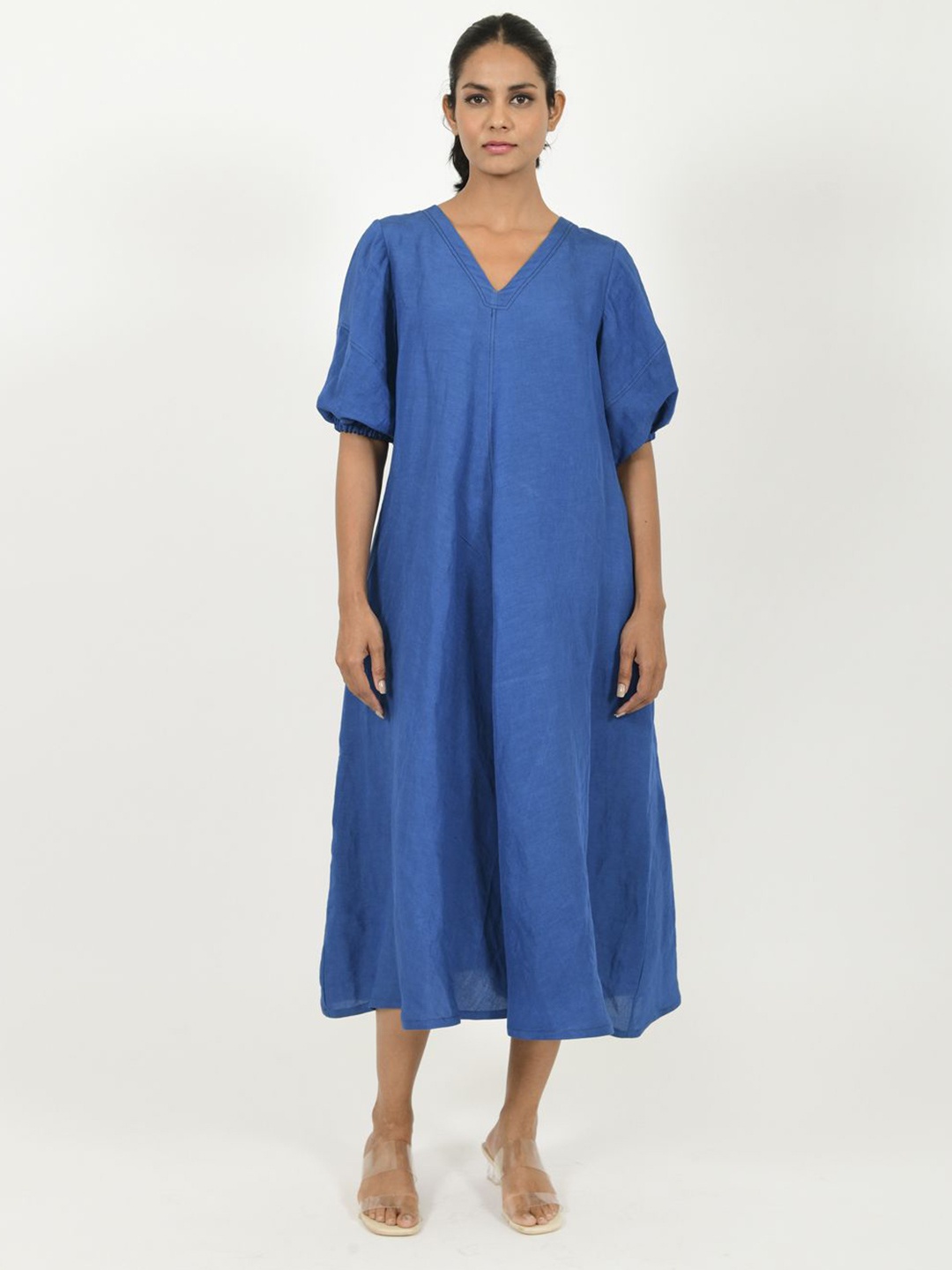 

Rias Jaipur Puff Sleeve Organic Cotton A-Line Midi Dress, Blue