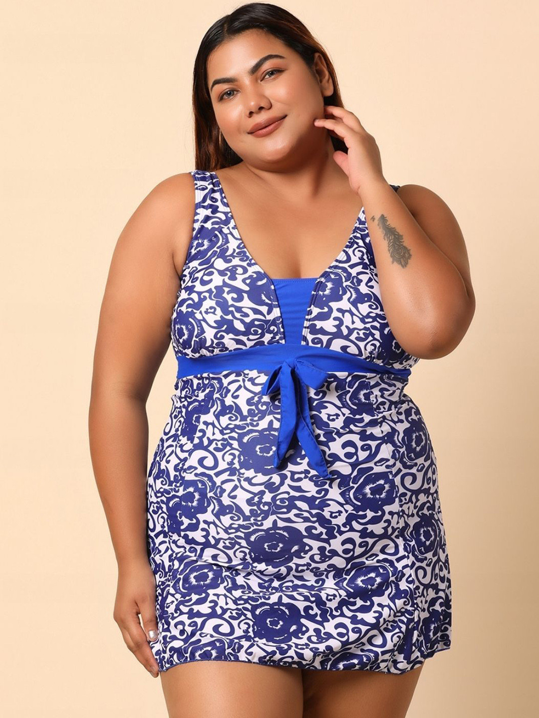 

WomanLikeU Printed Swim Dress With Attached Shorts, White