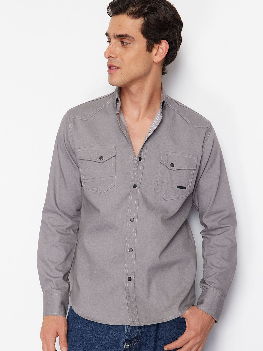 

Trendyol Men Button-Down Collar Solid Cotton Casual Shirt, Grey