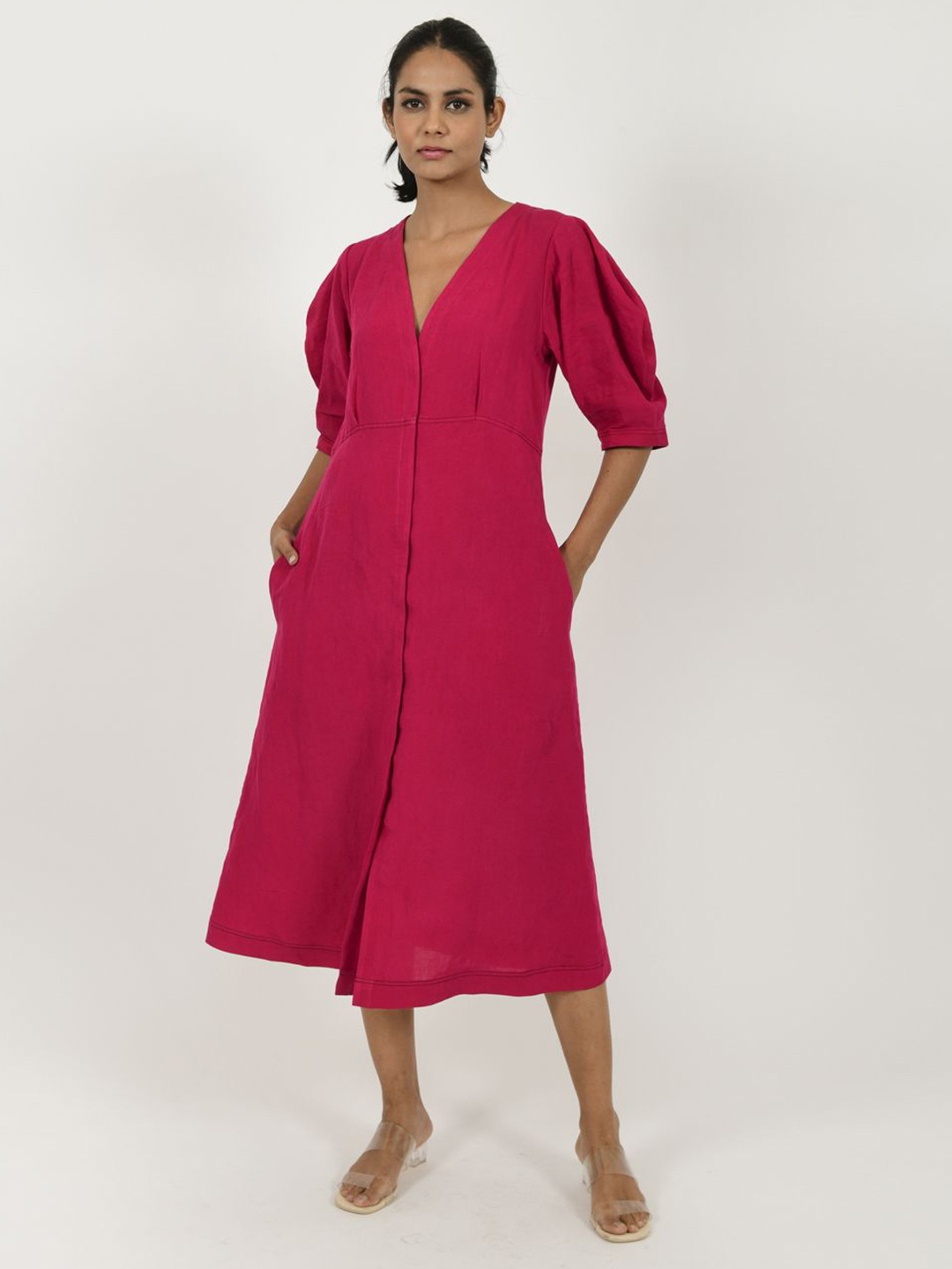 

Rias Jaipur Puff Sleeve Linen A-Line Midi Dress, Magenta