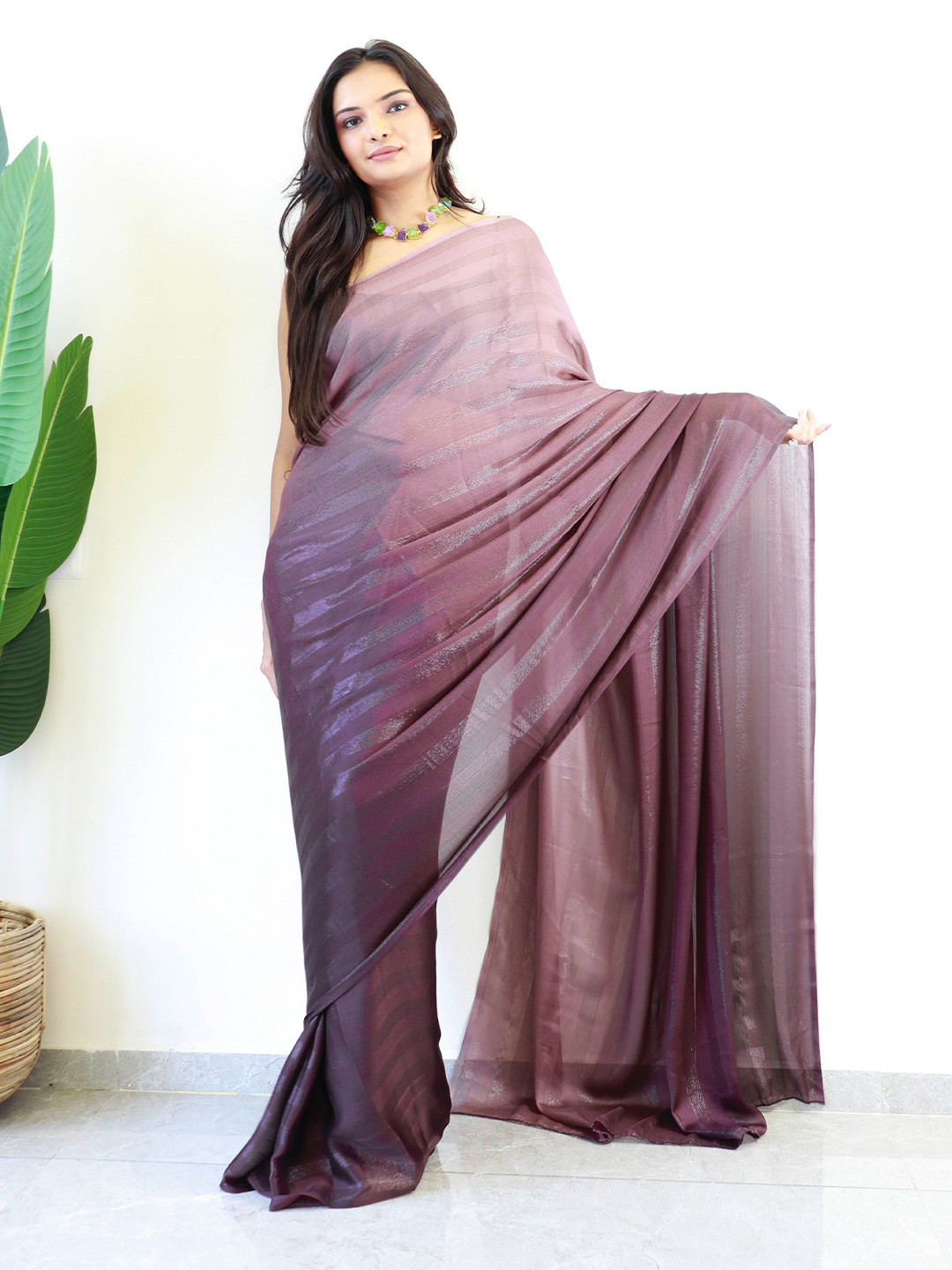 

Reeta Fashion Striped Ready to Wear Saree, Coffee brown