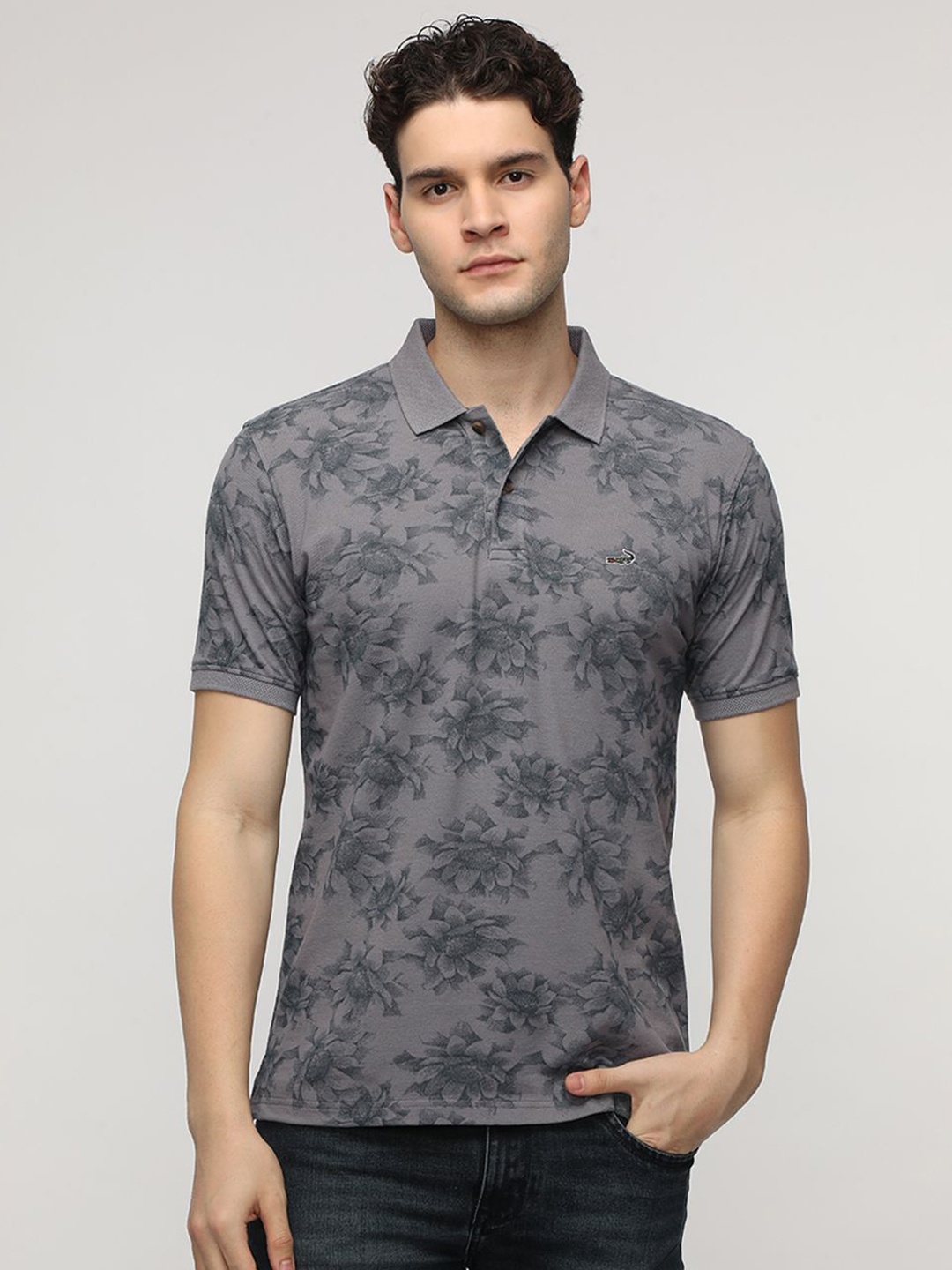 

Crocodile Men Floral Printed Polo Collar Pure Cotton Slim Fit T-Shirt, Grey