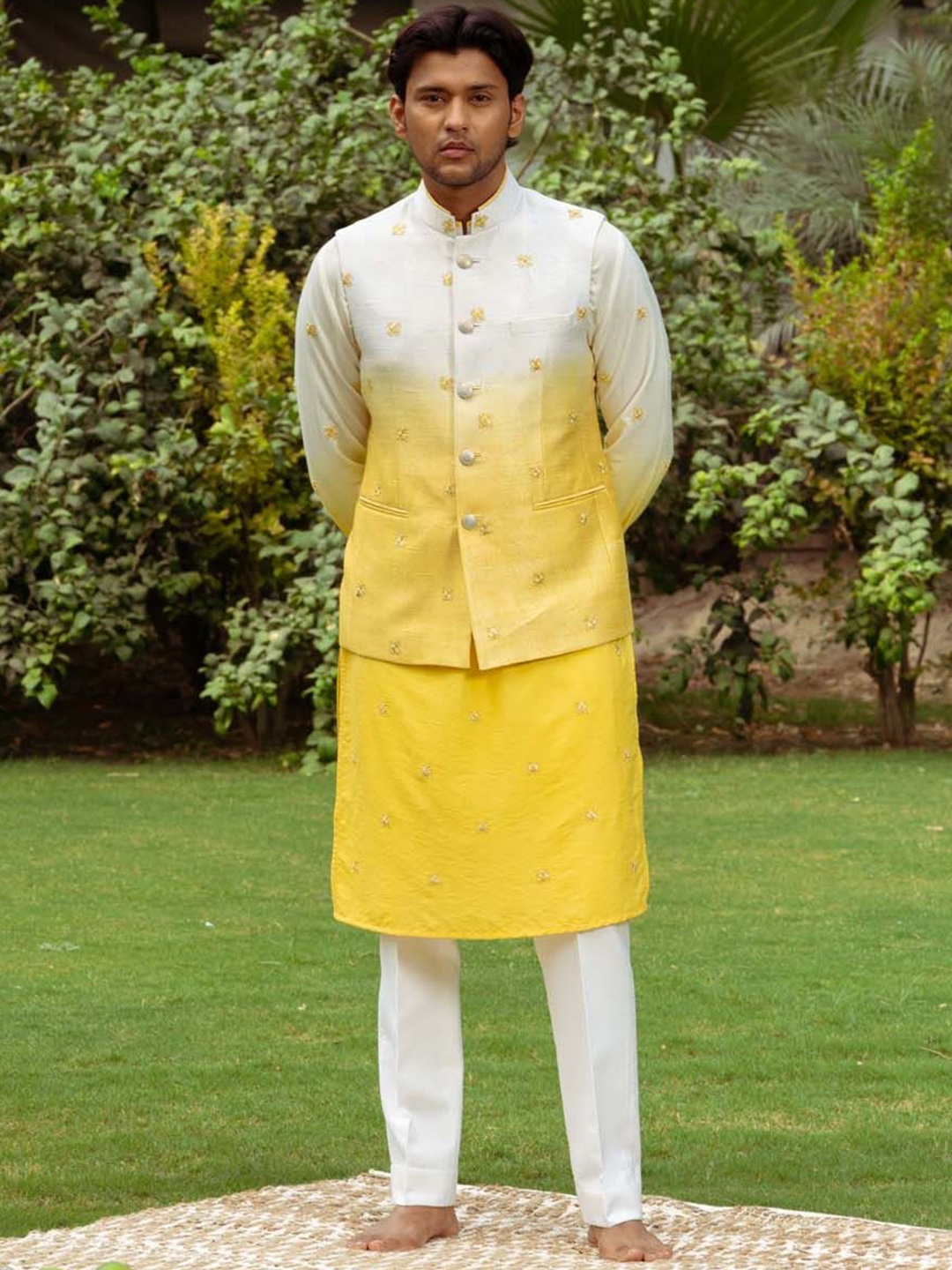 

Ayush Jain Embroidered Woven Nehru Jackets, Yellow