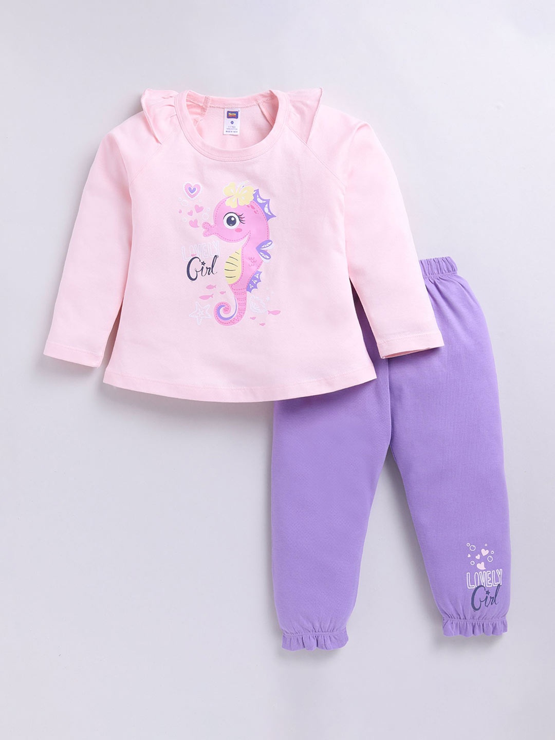 

Nottie Planet Girls Sea Horse Printed Pure Cotton T-shirt with Joggers, Pink