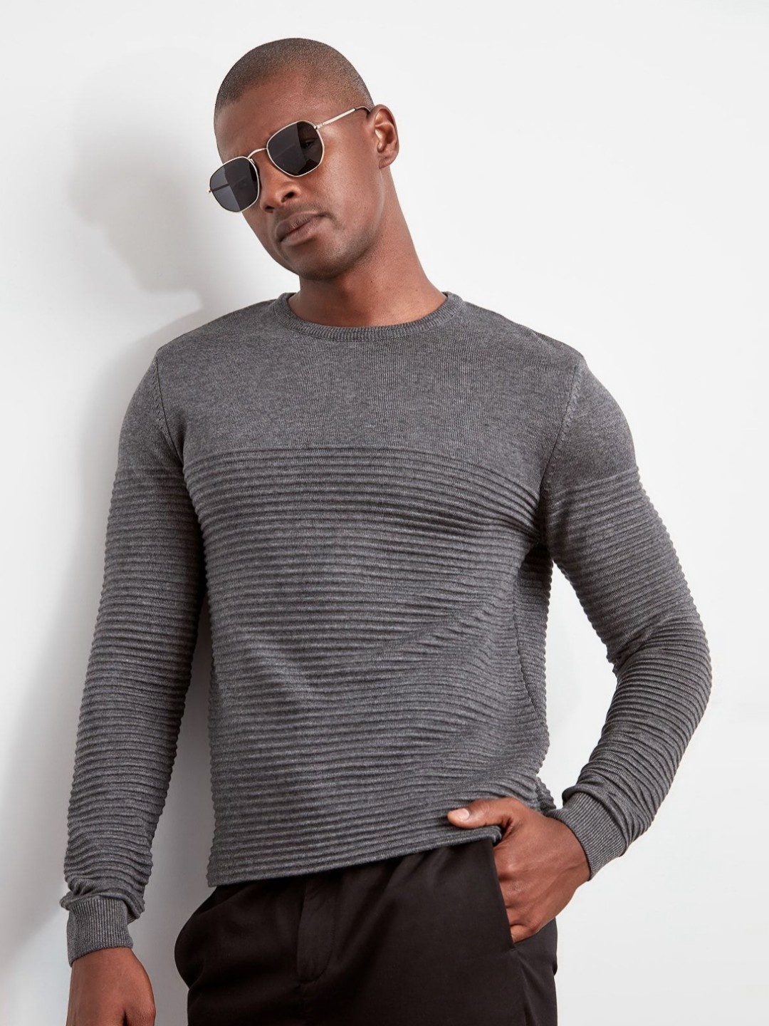 

Trendyol Men Self Design Round Neck Acrylic T-Shirt, Grey