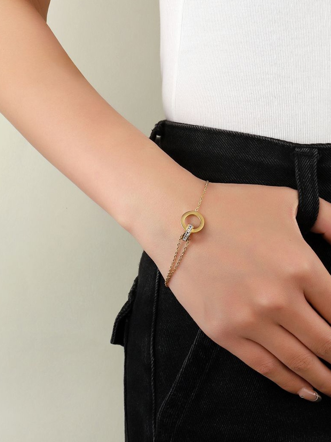 

SALTY Circle Linked Stainless Steel Stones Studded Multistrand Bracelet, Gold