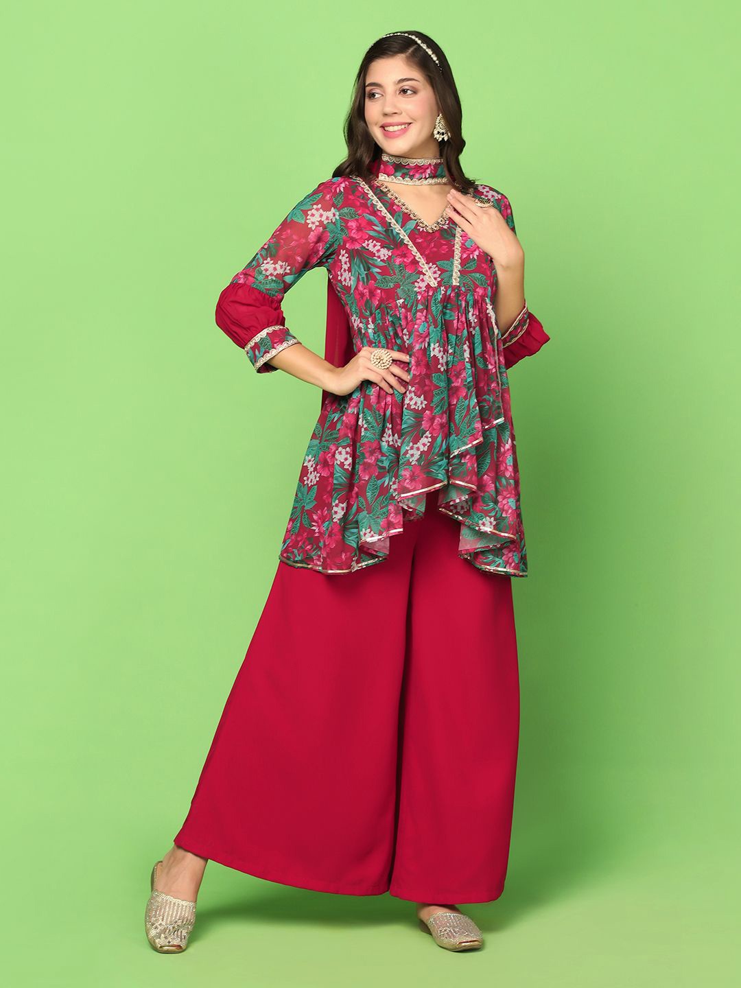 

BAESD Printed Kurti & Palazzos With Dupatta Kurta Set, Maroon