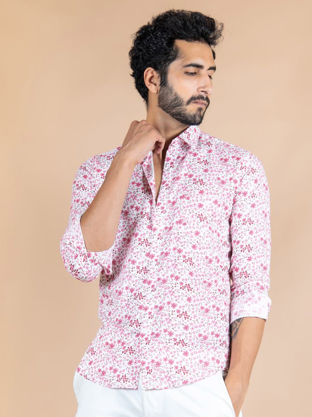 

Tistabene Men Standard Spread Collar Floral Printed Cotton Casual Shirt, Pink