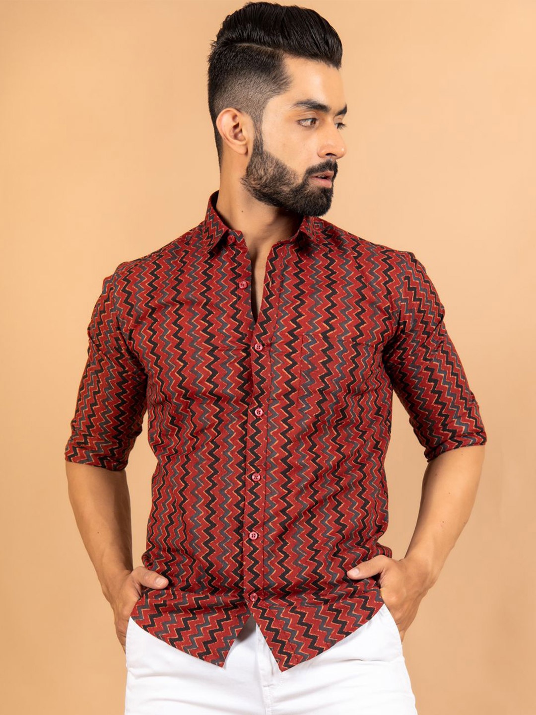 

Tistabene Men Standard Spread Collar Chevron Printed Cotton Casual Shirt, Red
