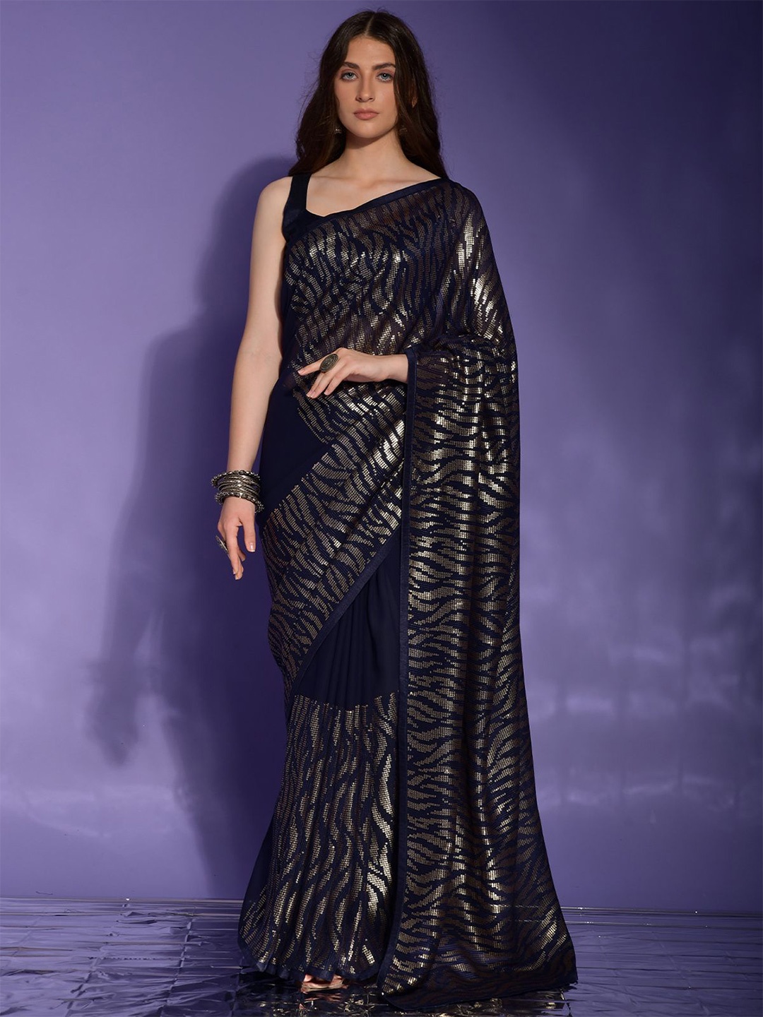 

ODETTE Embellished Sequinned Saree, Navy blue