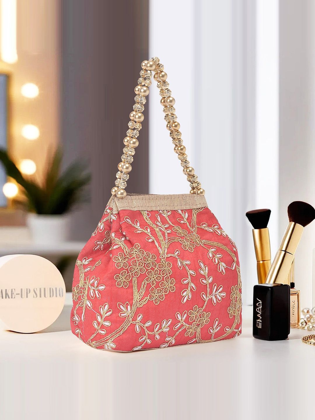 

Kuber Industries Floral Embroidered Potli Bag, Red