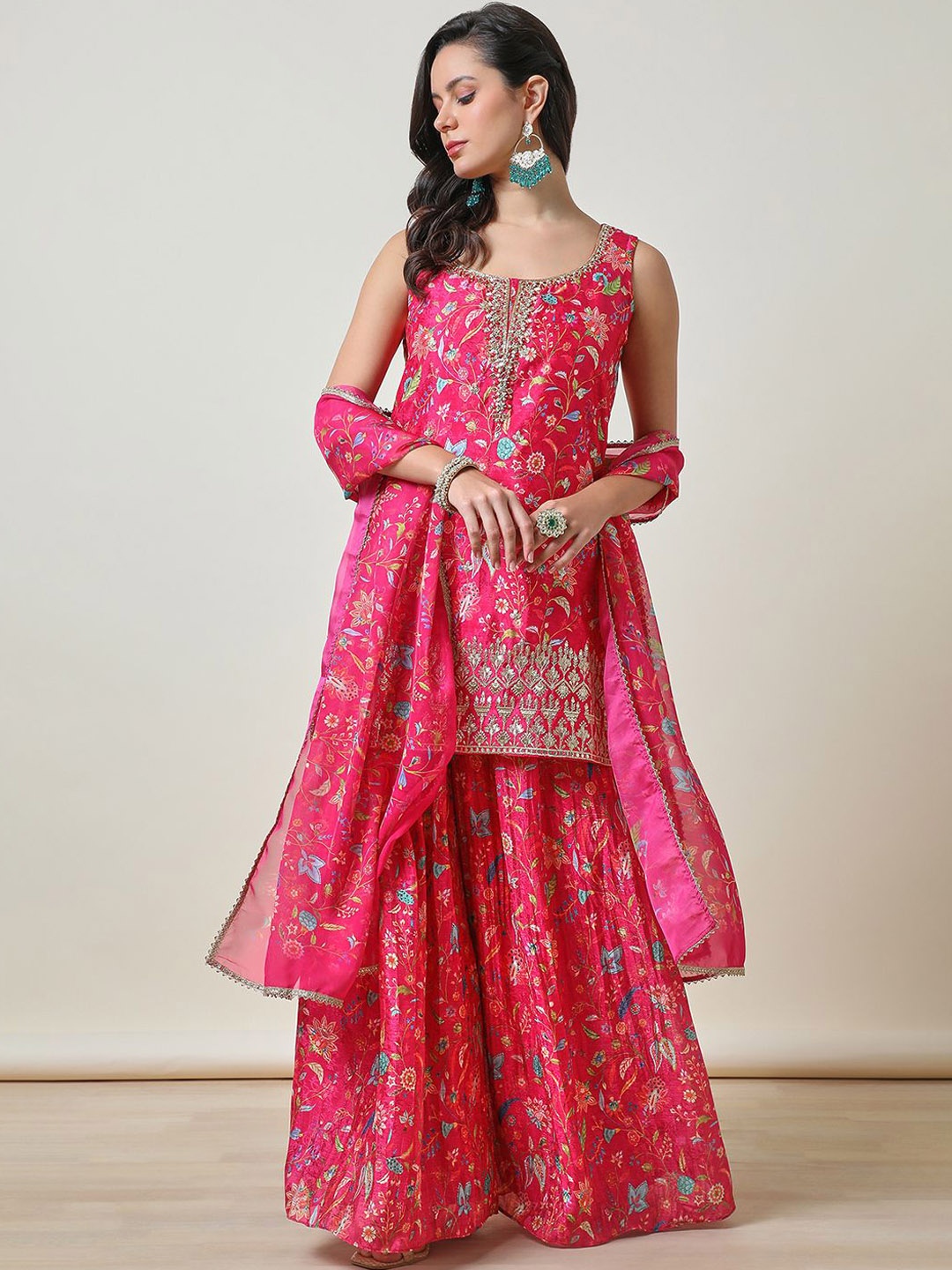 

Soch Floral Embroidered Regular Zardozi Straight Kurti with Palazzos & Dupatta, Pink