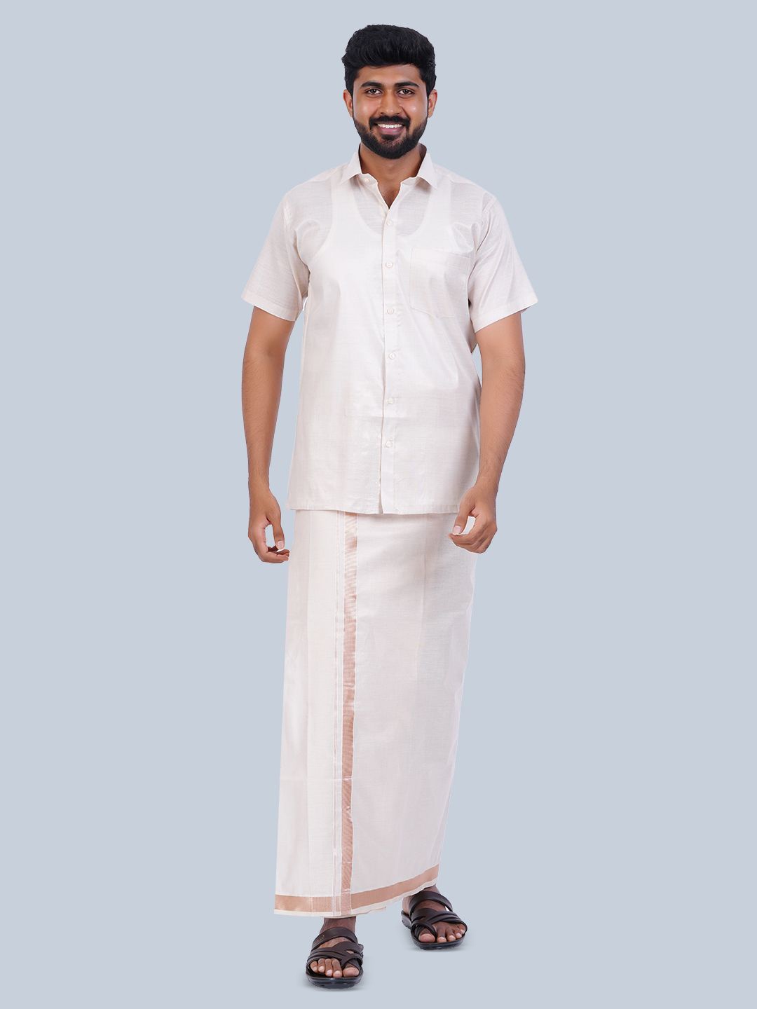 

THANGAMAGAN Tissue Cotton Shirt with Veshti, White