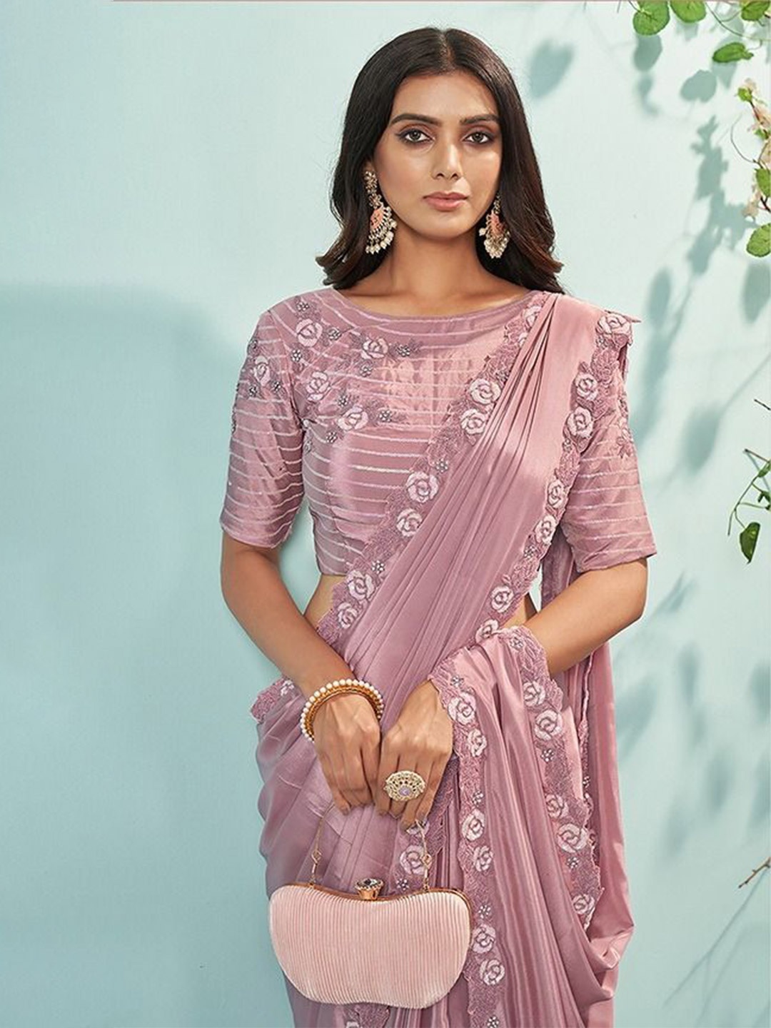

Nimayaa Floral Embroidered Border Saree, Pink