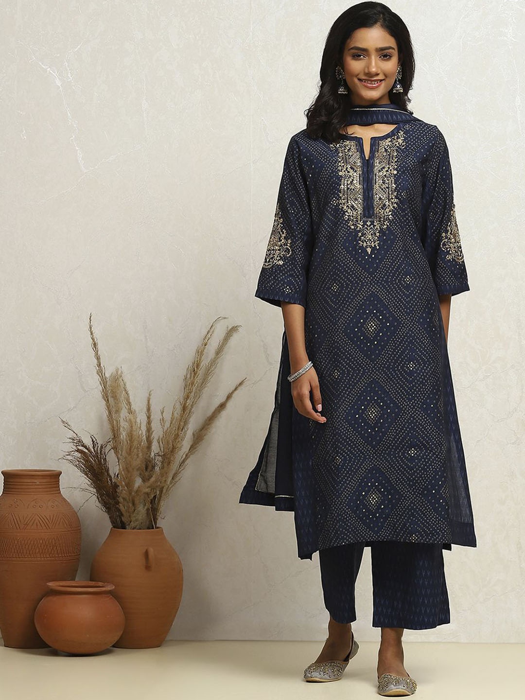 

Biba Bandhani Printed Sequinned A-Line Kurta With Palazzo & Dupatta, Blue