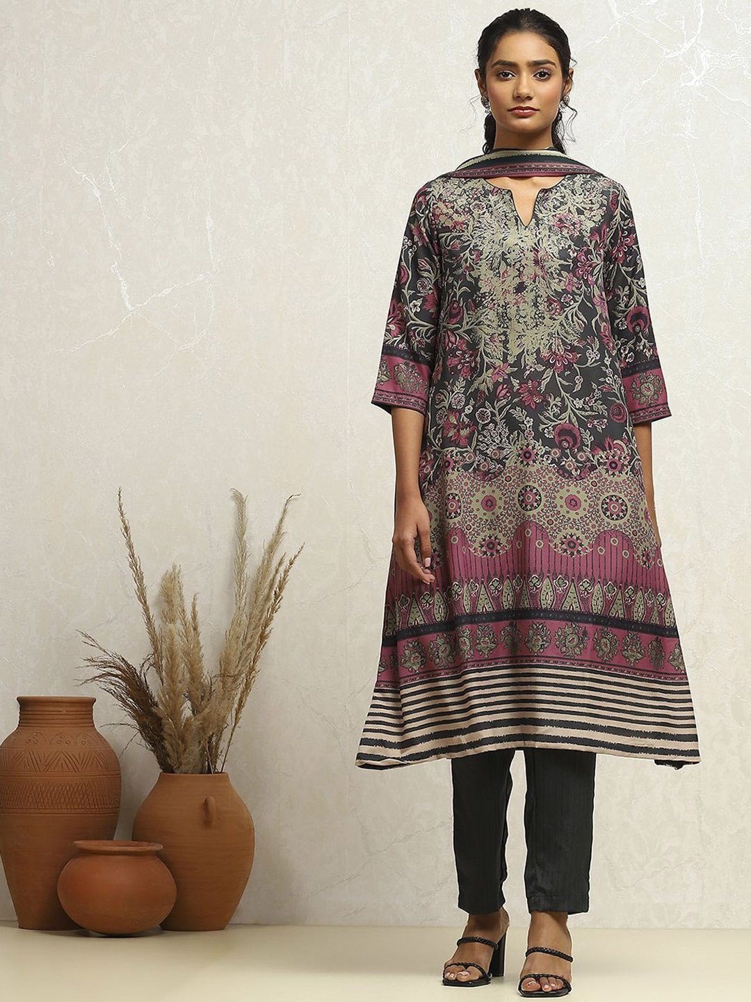 

Biba Floral Printed A-Line Kurta With Trouser & Dupatta, Green