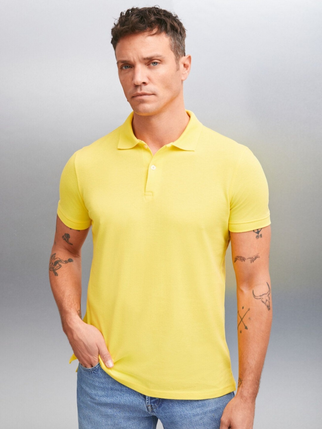 

GRIMELANGE Men Solid Polo Collar Cotton T-Shirt, Yellow