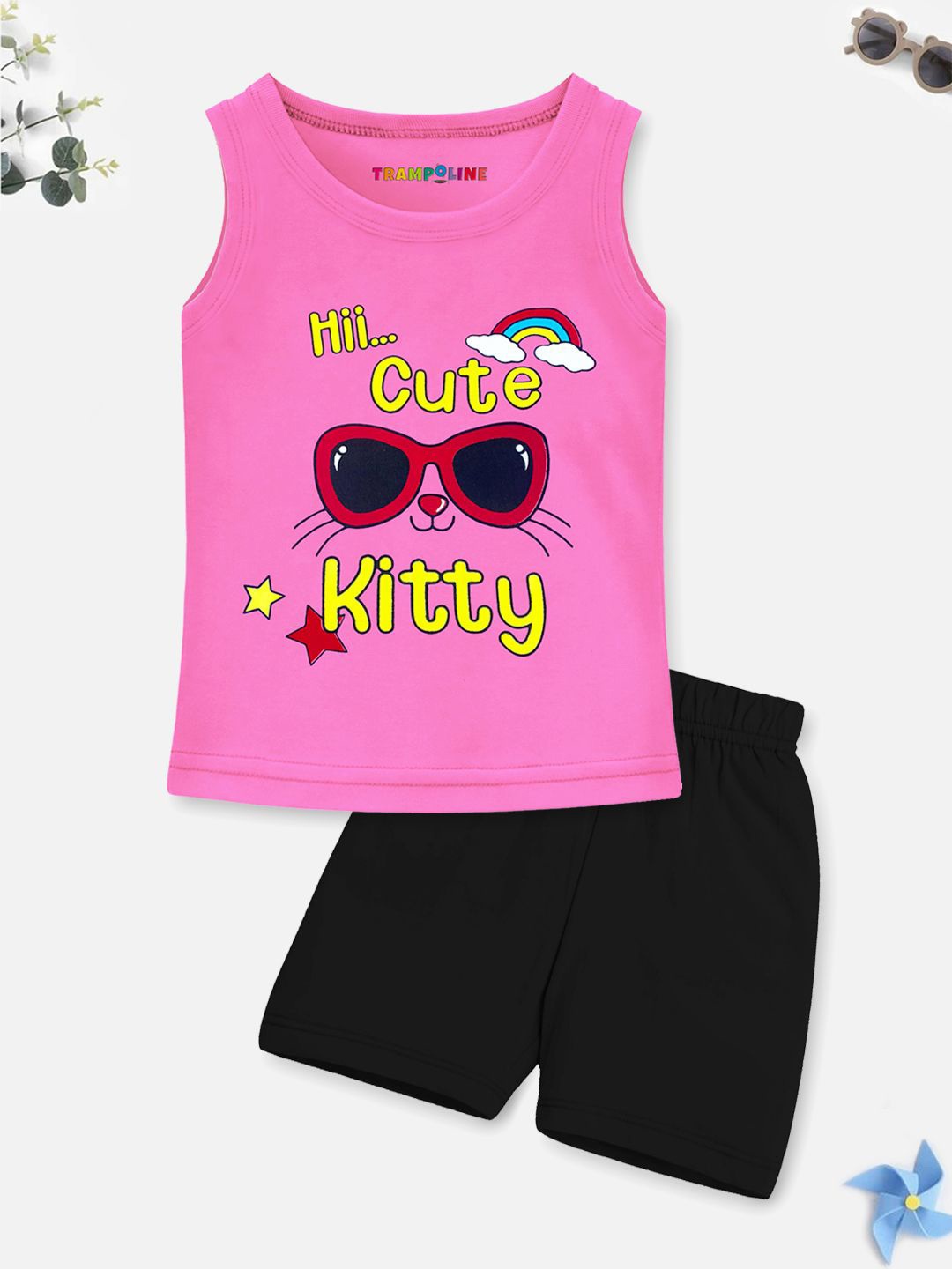 

YK X Trampoline Girls Printed Round Neck T-shirt With Shorts, Pink